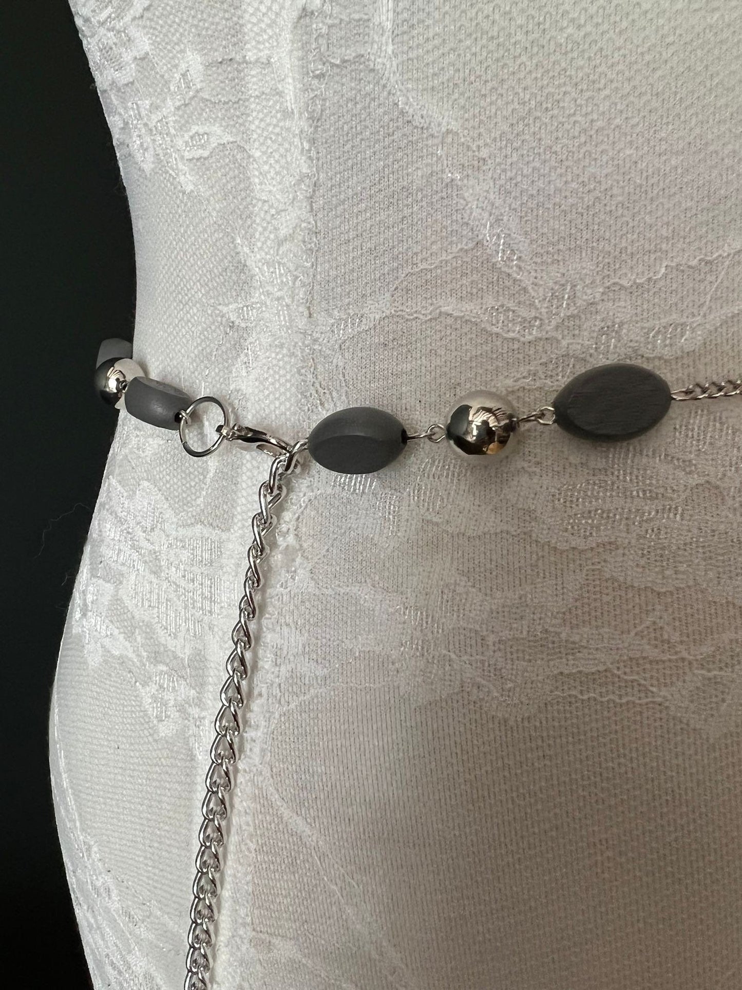 X-Long Belt, Beaded Fashion Belt, Grey Wood Beads, Silver Beads, Handmade, Chain Belts, plus sizes, Teen Sizes, 18”-60”