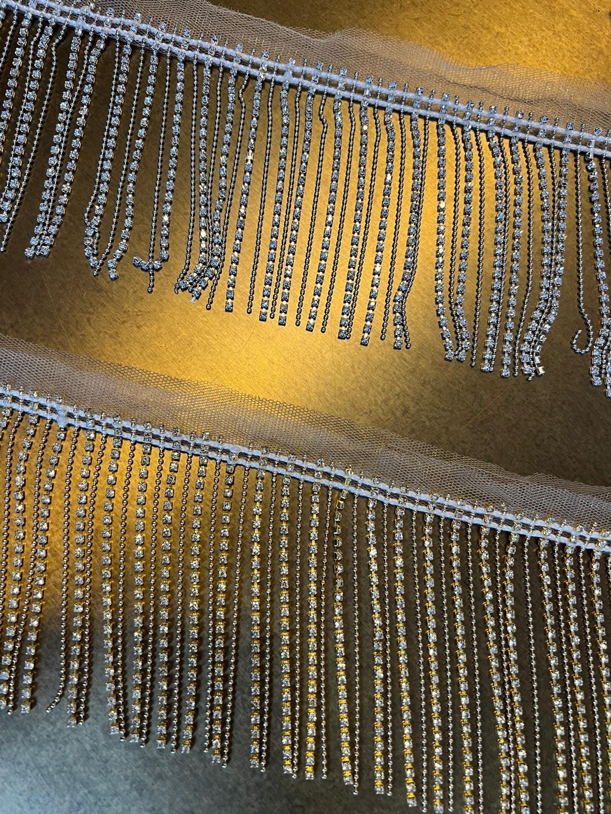Diamanté Rhinestone Fringe Trim, Silver Gold Crystal Fashion Fringe (9cm Wide)
