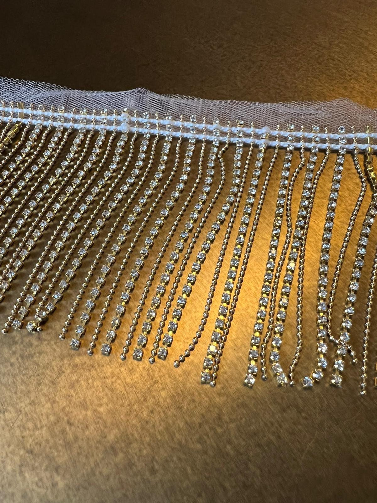 Diamanté Rhinestone Fringe Trim, Silver Gold Crystal Fashion Fringe (9cm Wide)