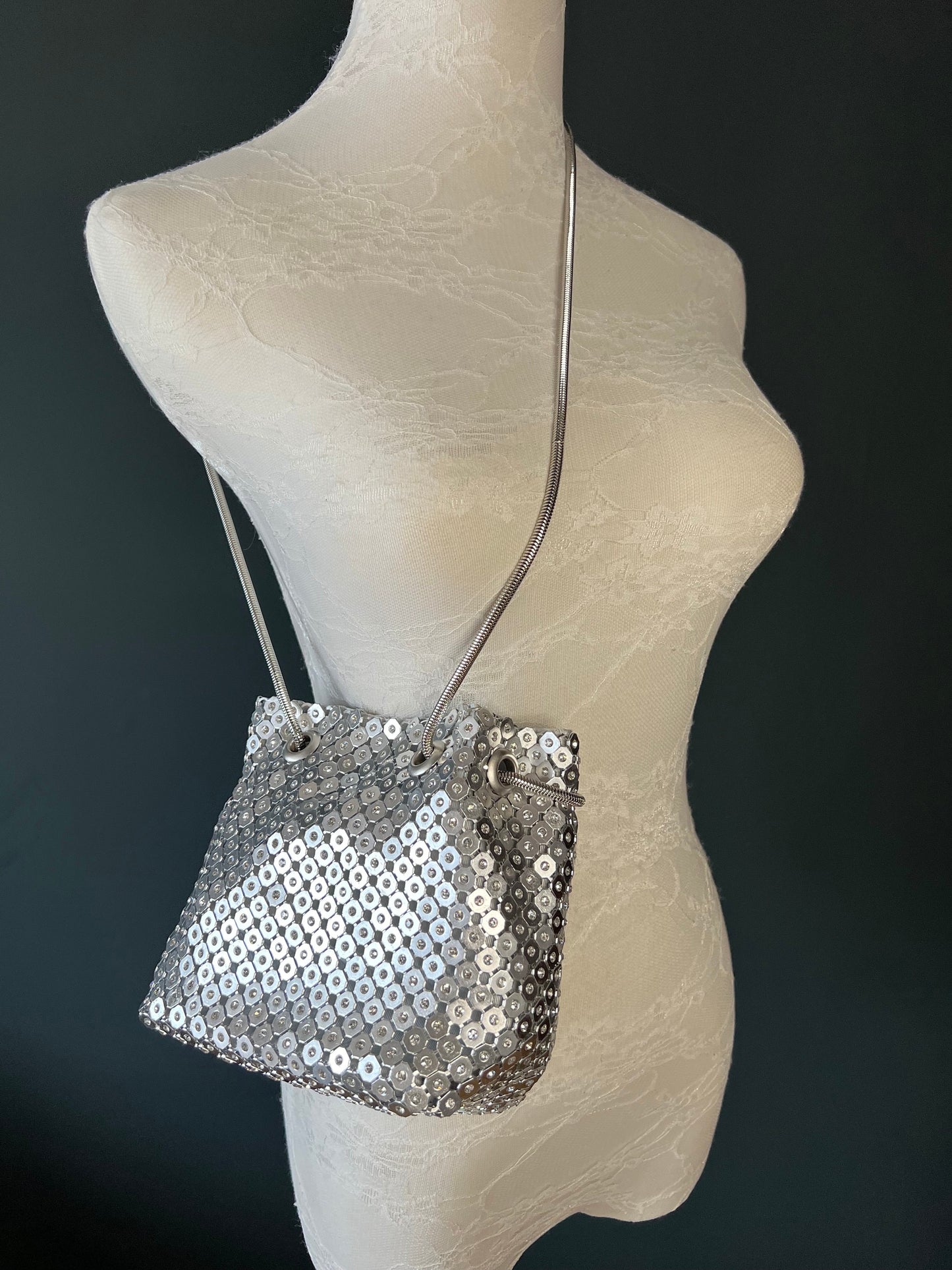 Rhinestone Chainmail Bucket Bag, Diamanté Evening Handbag