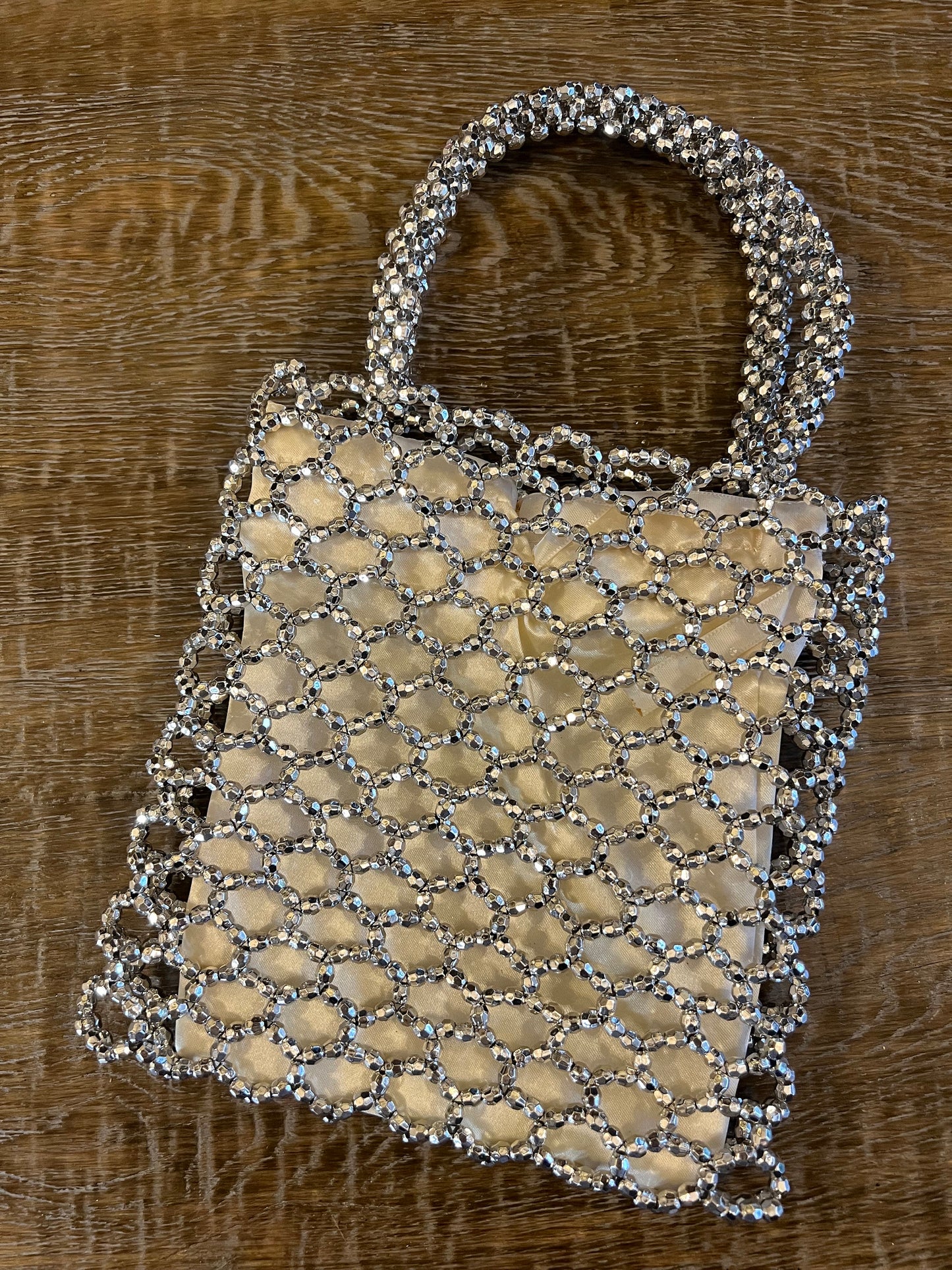 Handbag, Hand Beaded Bag, Silver Beads, Fan Accessory Collection, Gold, Silver