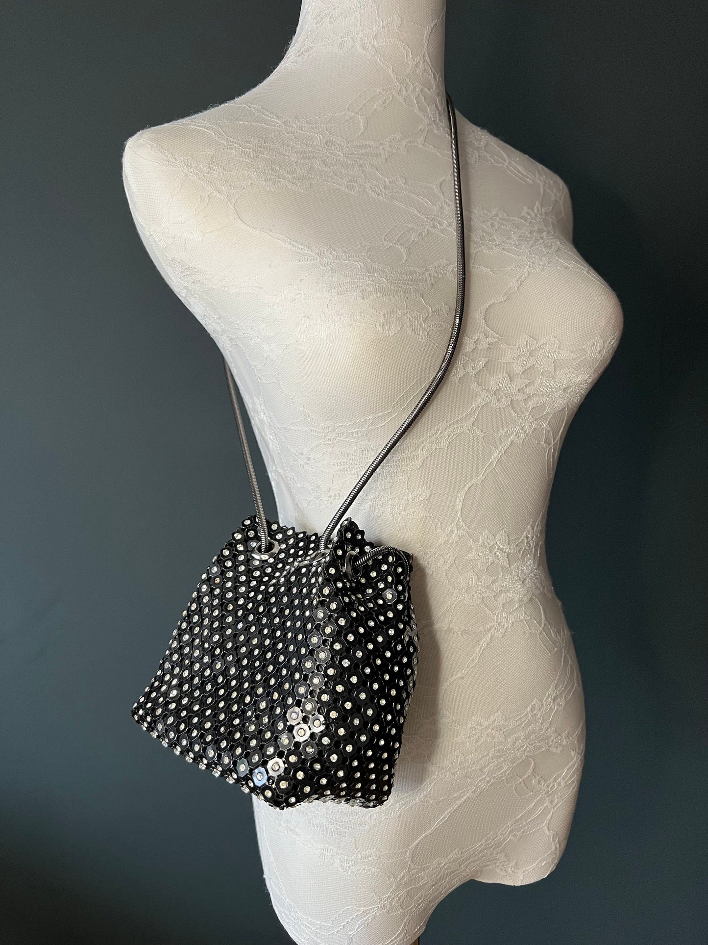 Rhinestone Chainmail Bucket Bag, Diamanté Evening Handbag
