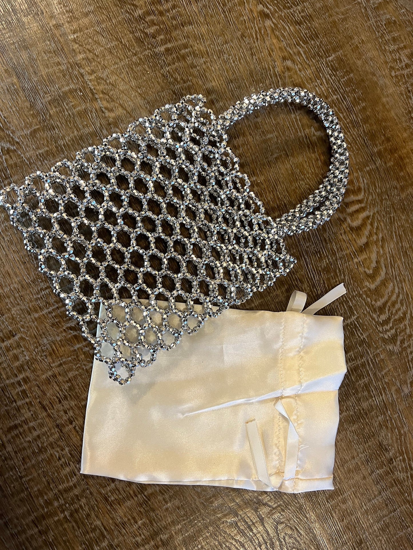 Handbag, Hand Beaded Bag, Silver Beads, Fan Accessory Collection, Gold, Silver