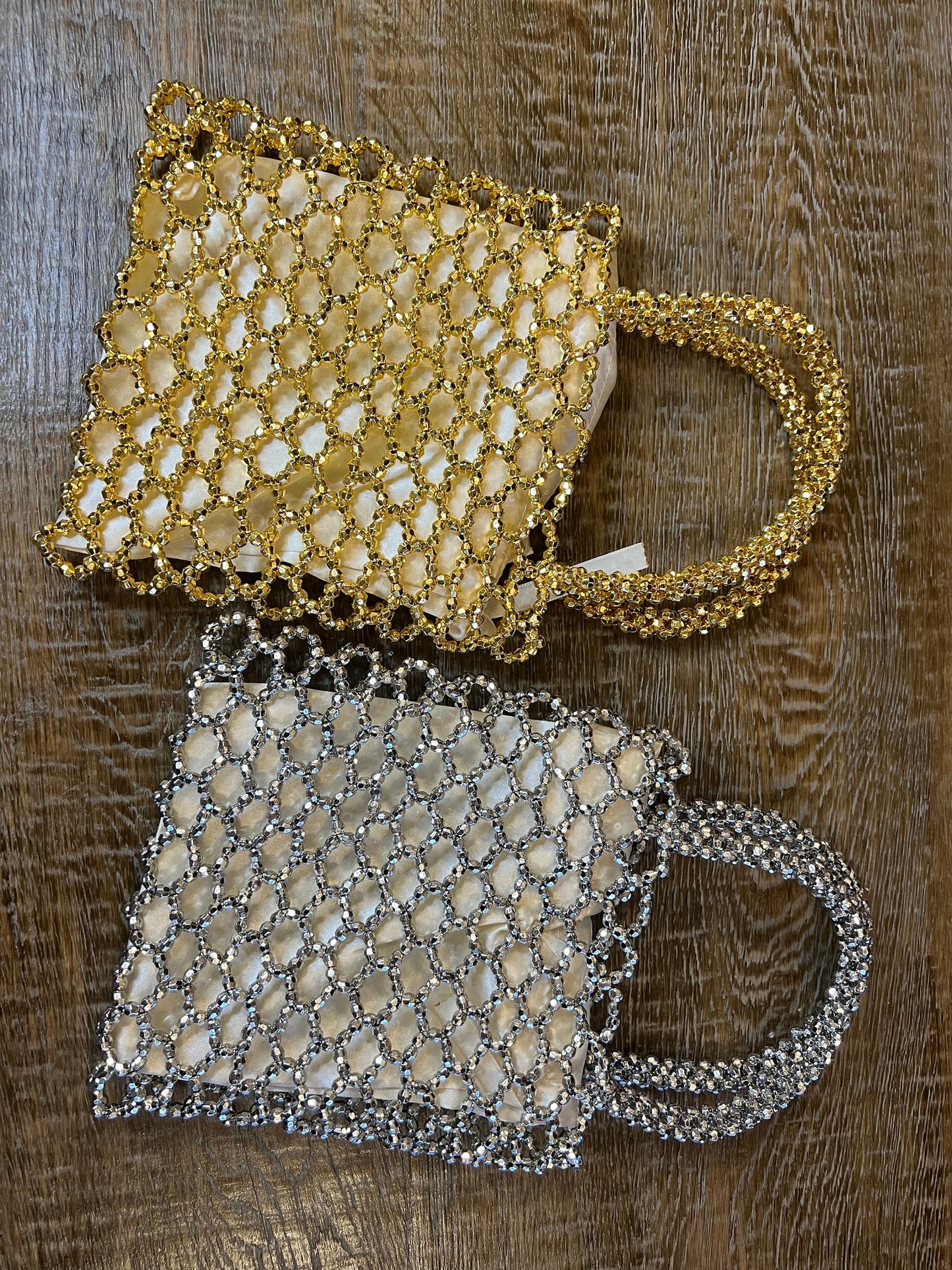 Handbag, Hand Beaded Bag, Silver Beads, Fan Accessory Collection, Gold, Silver