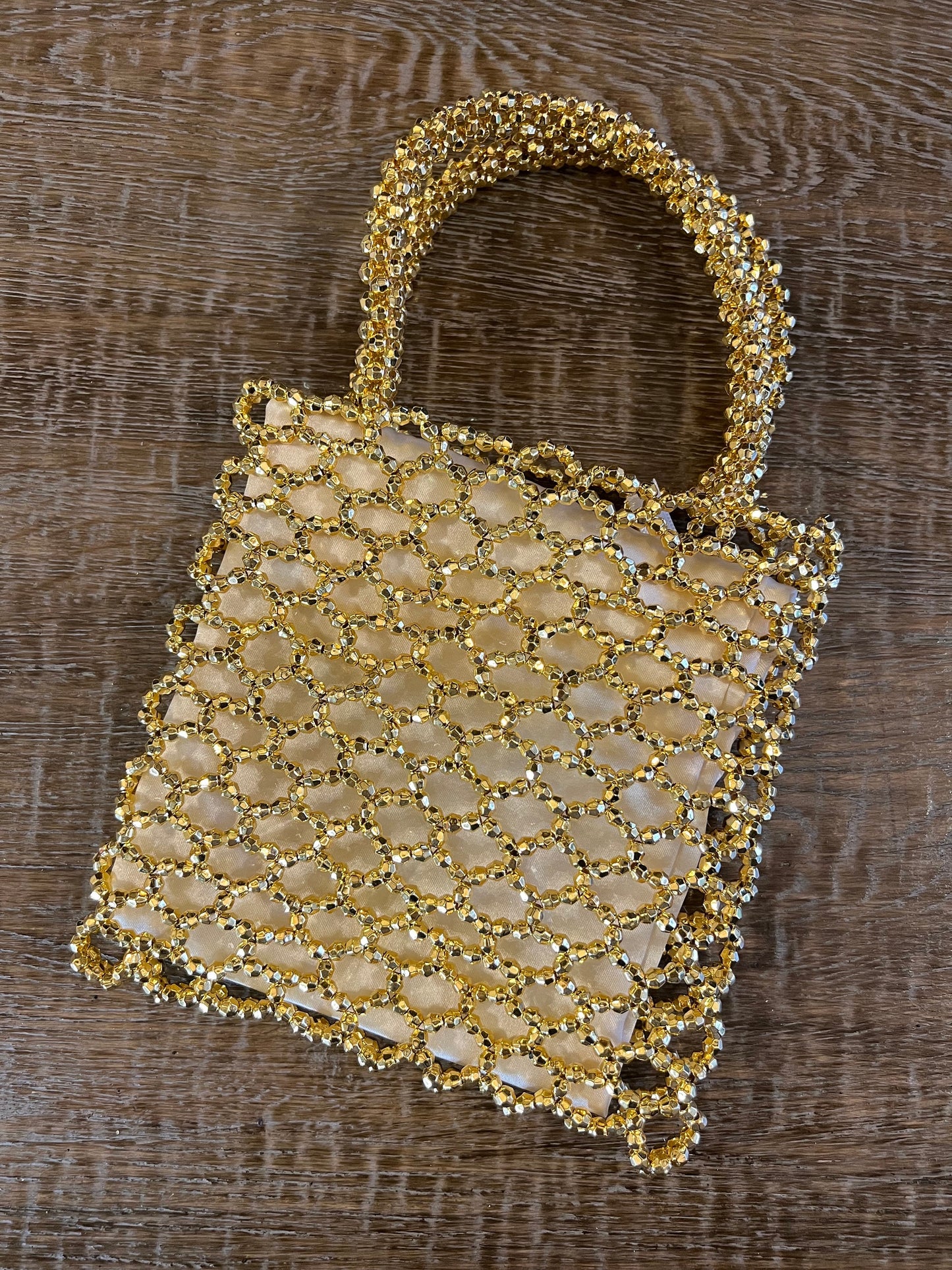 Handbag, Hand Beaded Bag, Silver Beads, Fan Accessory Collection, Gold, Silver