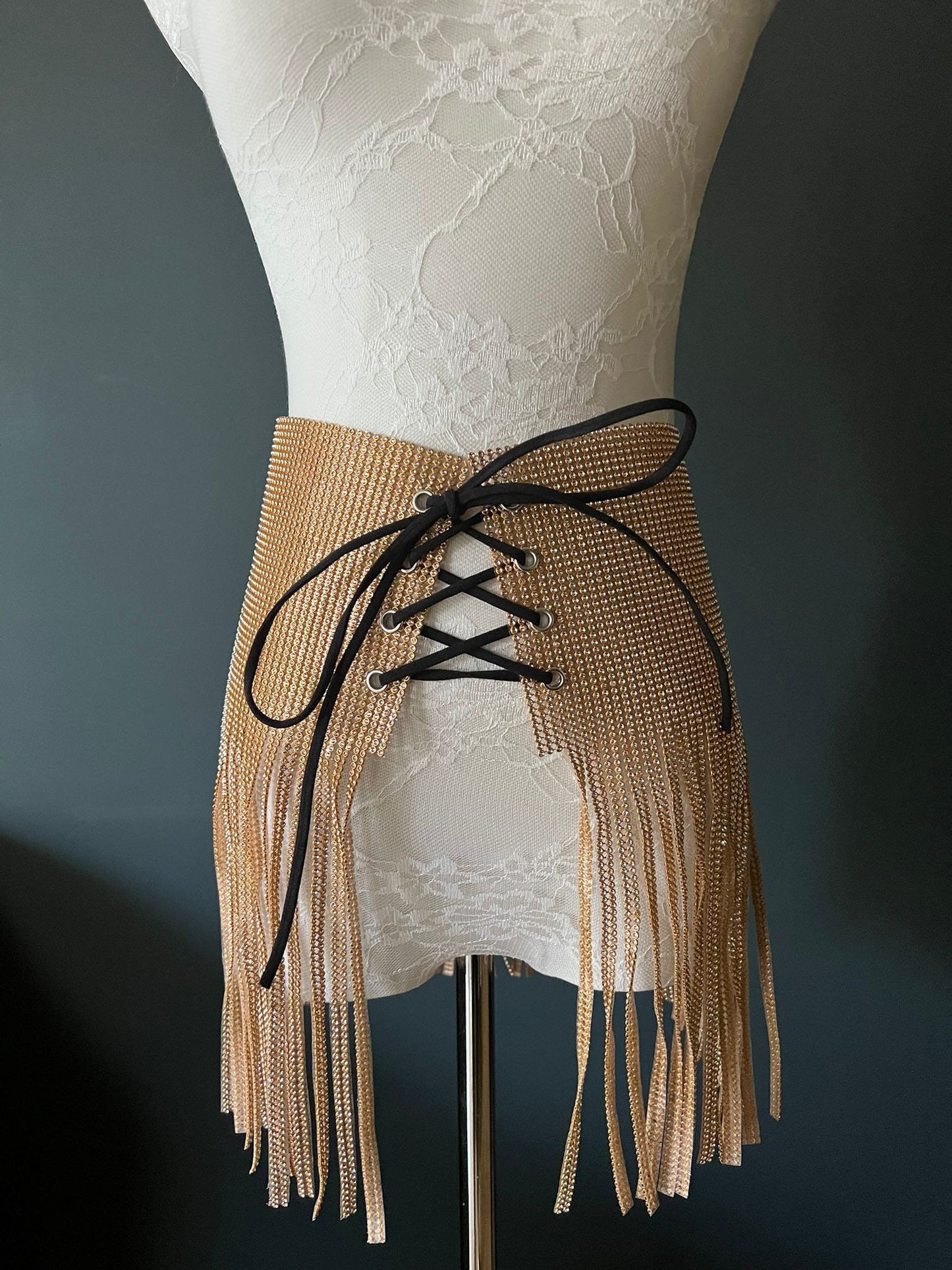 Handmade Gold Rhinestone Diamanté Skirt: Fringed Tie Up Design