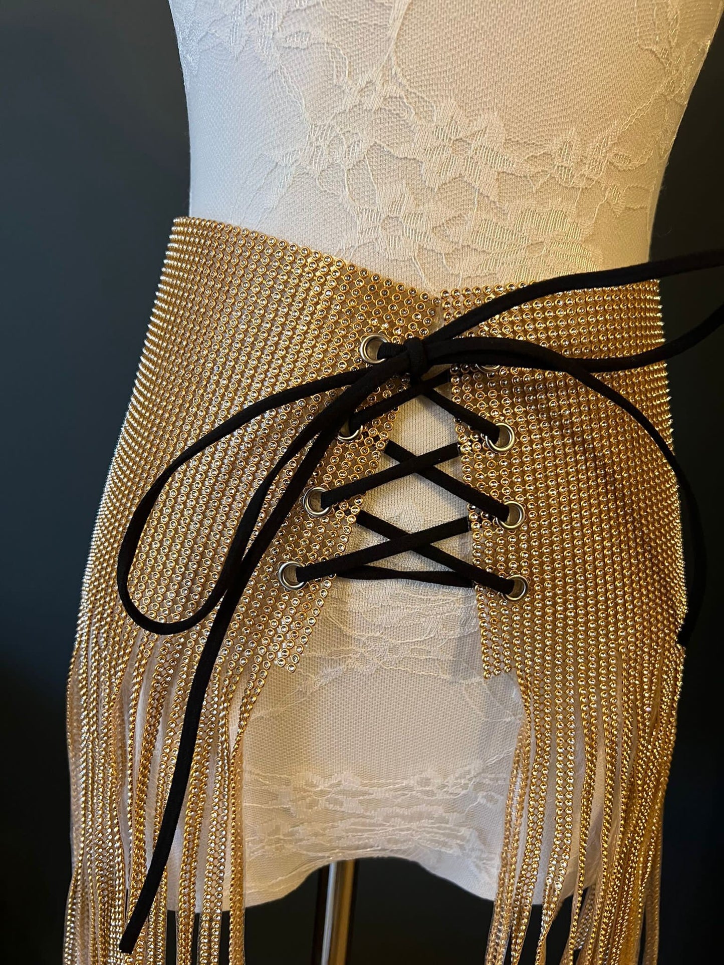 Handmade Gold Rhinestone Diamanté Skirt: Fringed Tie Up Design