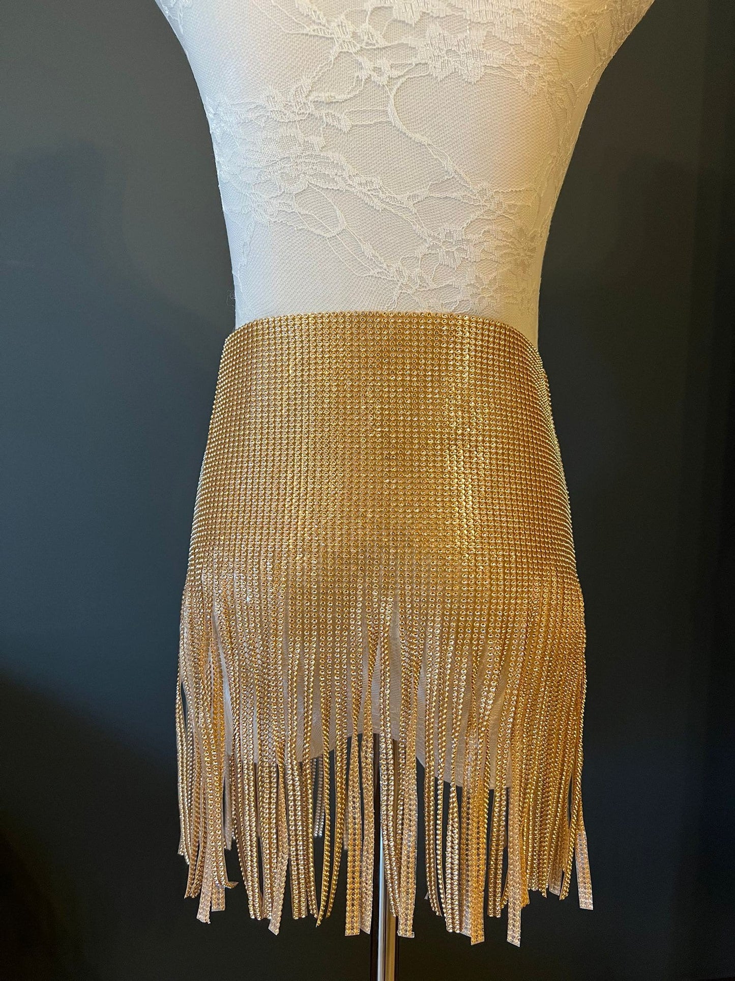 Handmade Gold Rhinestone Diamanté Skirt: Fringed Tie Up Design