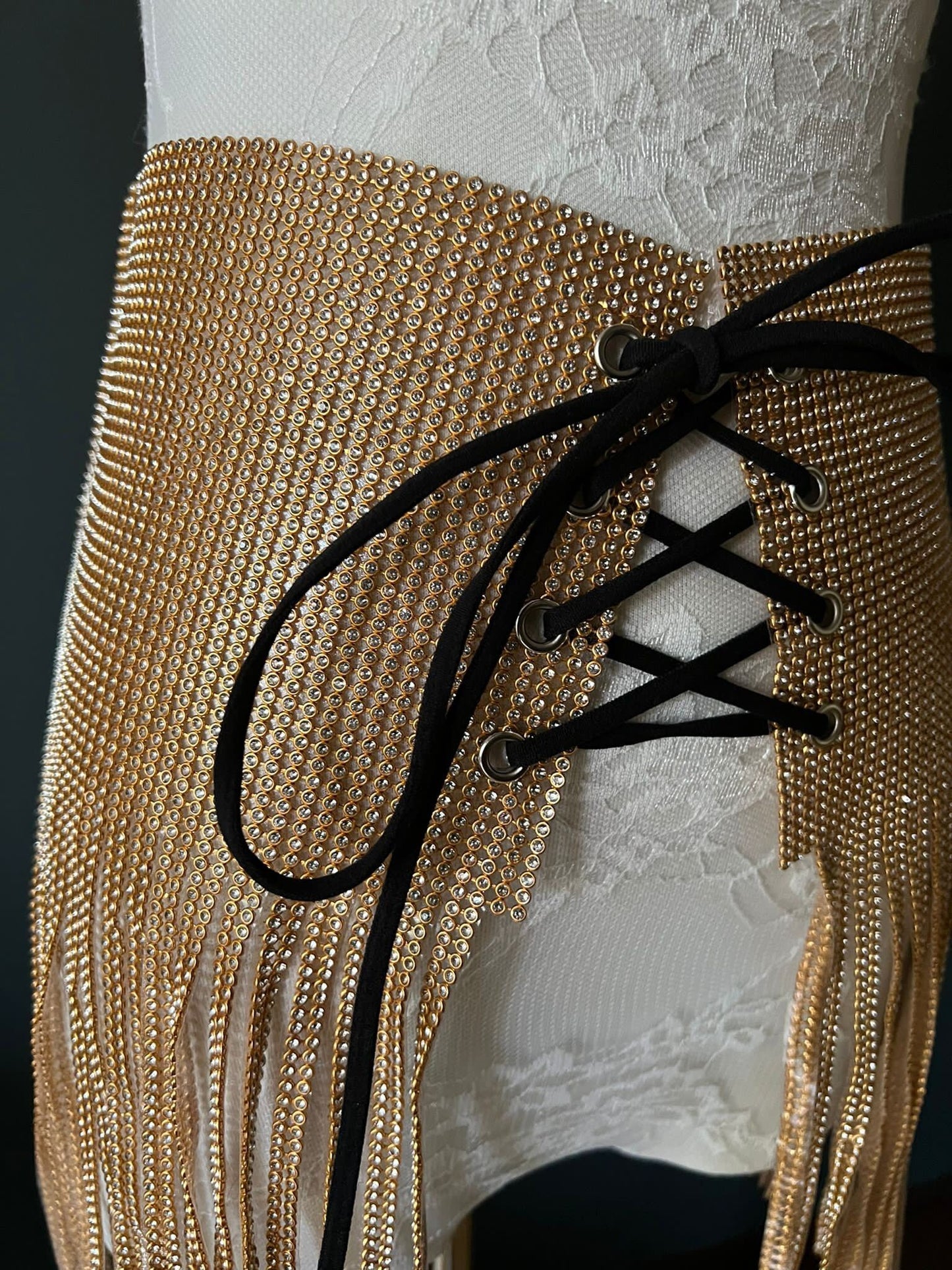 Handmade Gold Rhinestone Diamanté Skirt: Fringed Tie Up Design