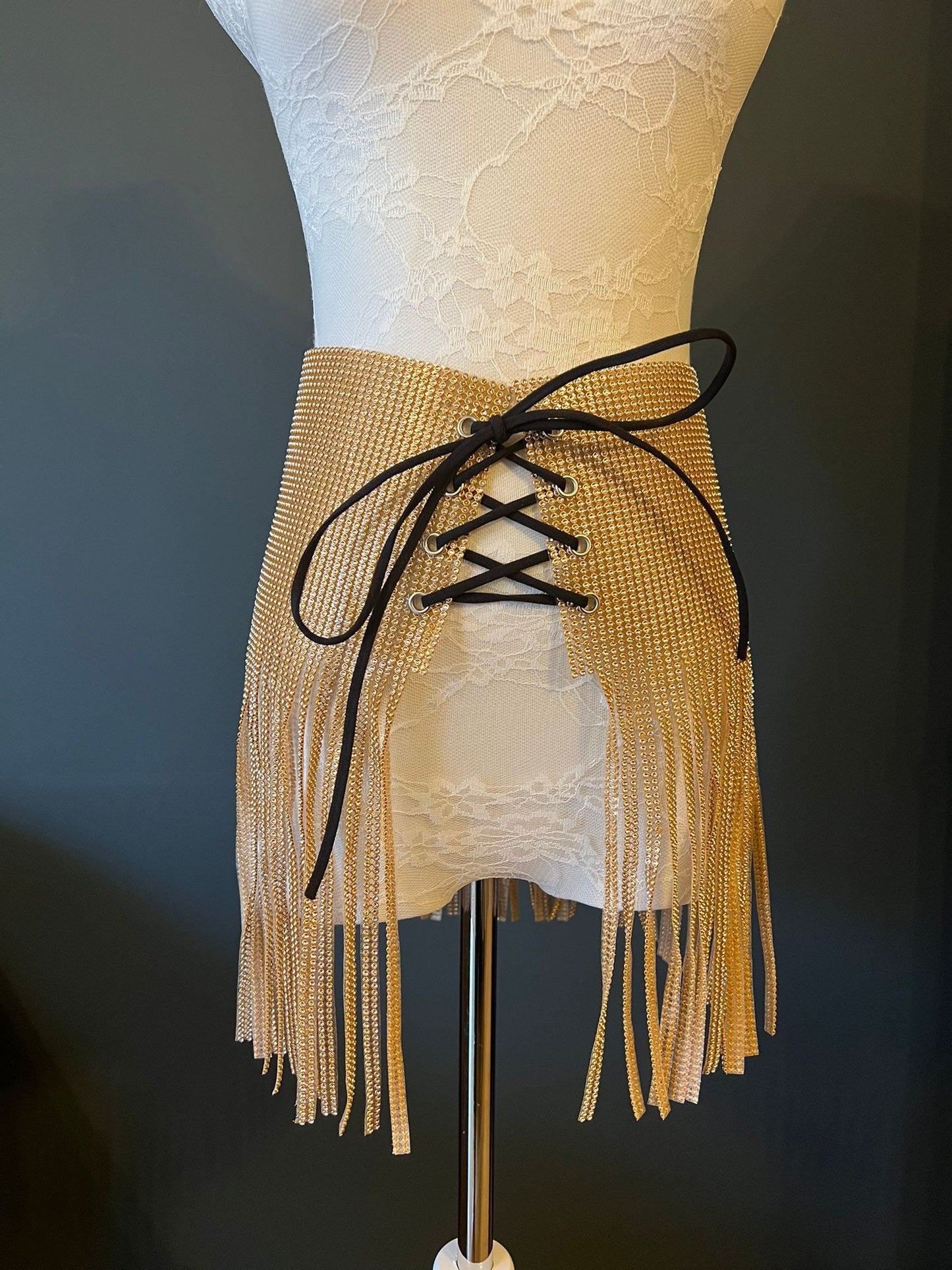 Handmade Gold Rhinestone Diamanté Skirt: Fringed Tie Up Design