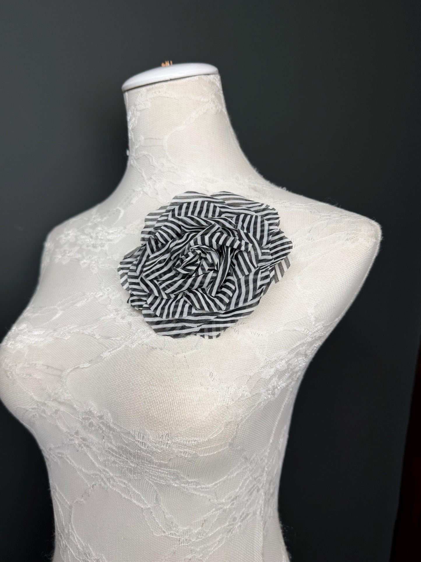 Large Corsage Flower, Black White, Stripe, 6” Wide, Large Pin on Corsage, Bridal, Clothing, Fashion, Hat, Accessory, Fashion, FAN Design