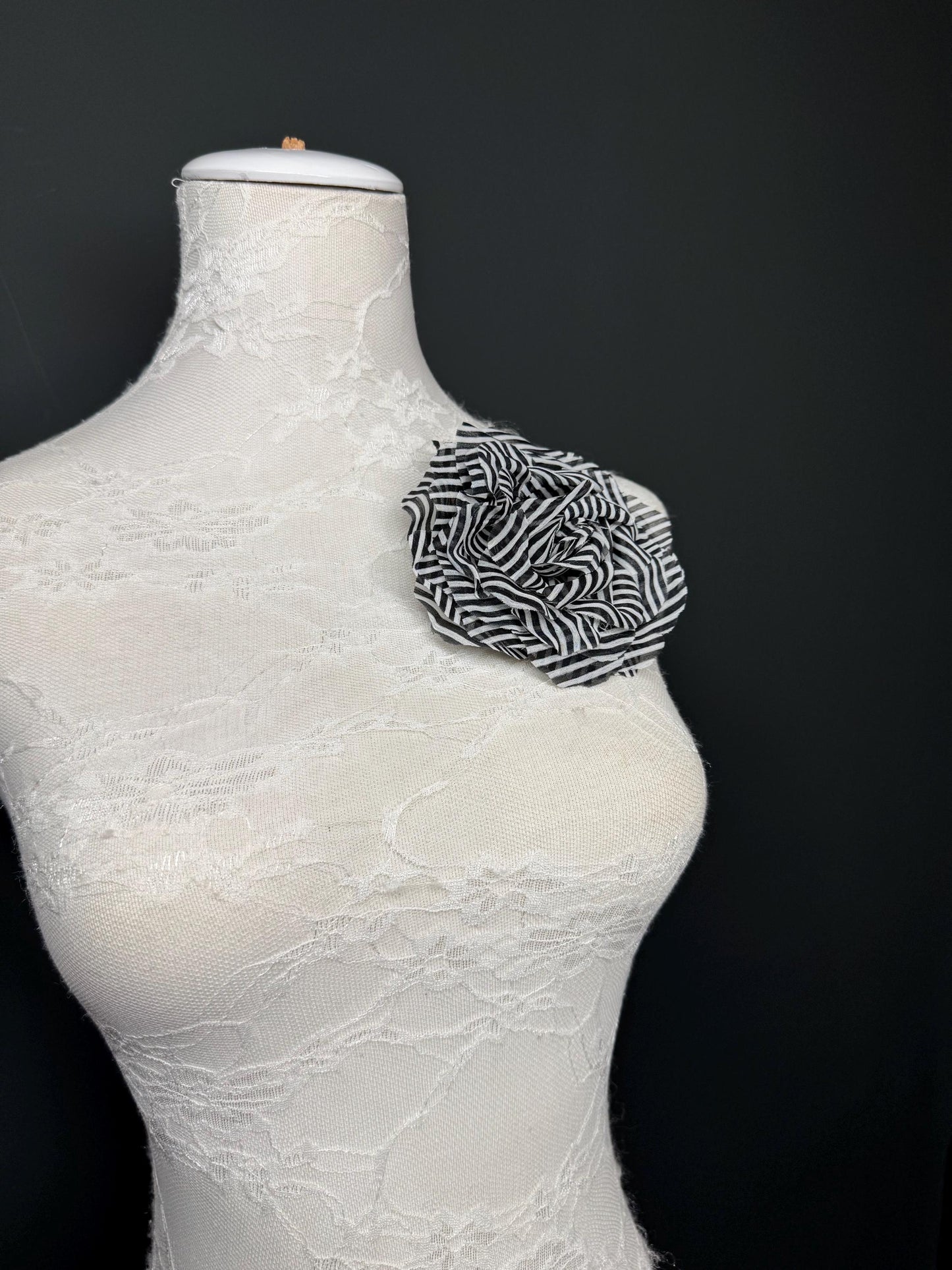 Large Corsage Flower, Black White, Stripe, 6” Wide, Large Pin on Corsage, Bridal, Clothing, Fashion, Hat, Accessory, Fashion, FAN Design