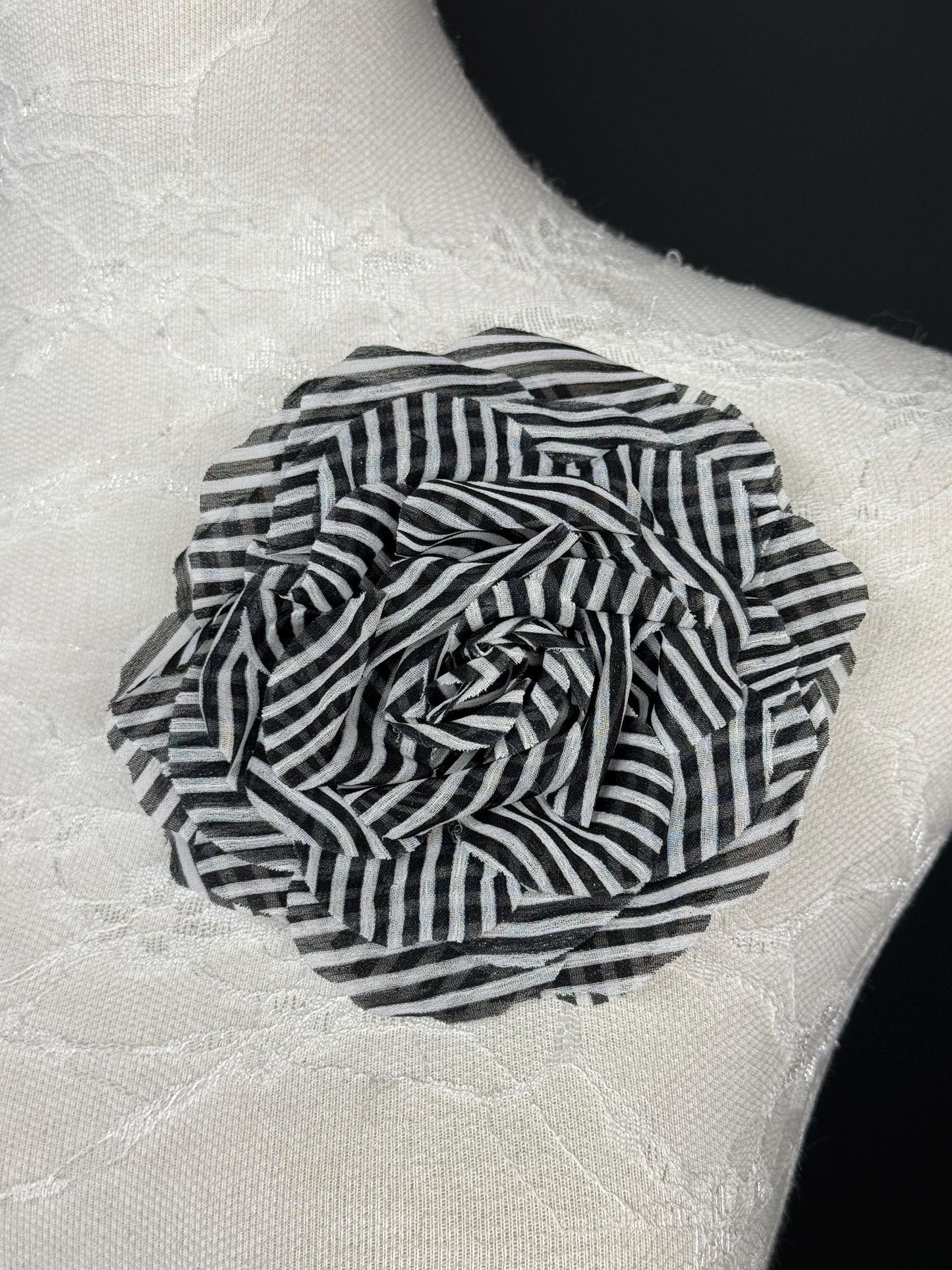 Large Corsage Flower, Black White, Stripe, 6” Wide, Large Pin on Corsage, Bridal, Clothing, Fashion, Hat, Accessory, Fashion, FAN Design
