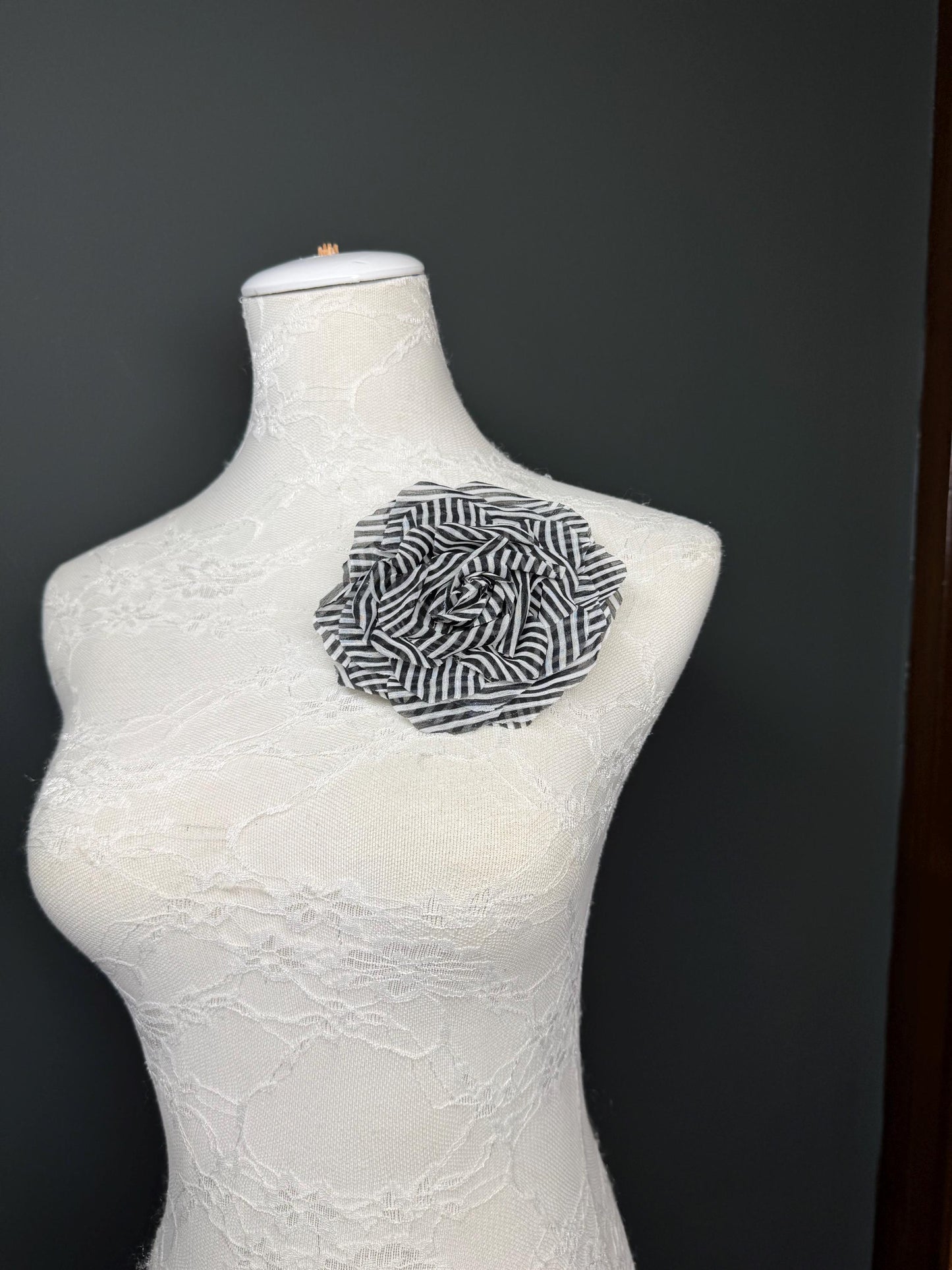 Large Corsage Flower, Black White, Stripe, 6” Wide, Large Pin on Corsage, Bridal, Clothing, Fashion, Hat, Accessory, Fashion, FAN Design