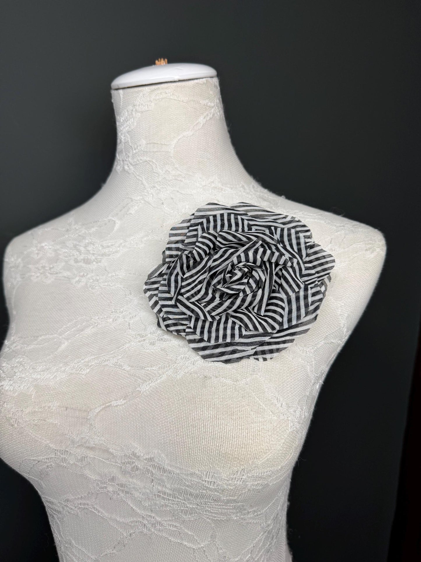 Large Corsage Flower, Black White, Stripe, 6” Wide, Large Pin on Corsage, Bridal, Clothing, Fashion, Hat, Accessory, Fashion, FAN Design