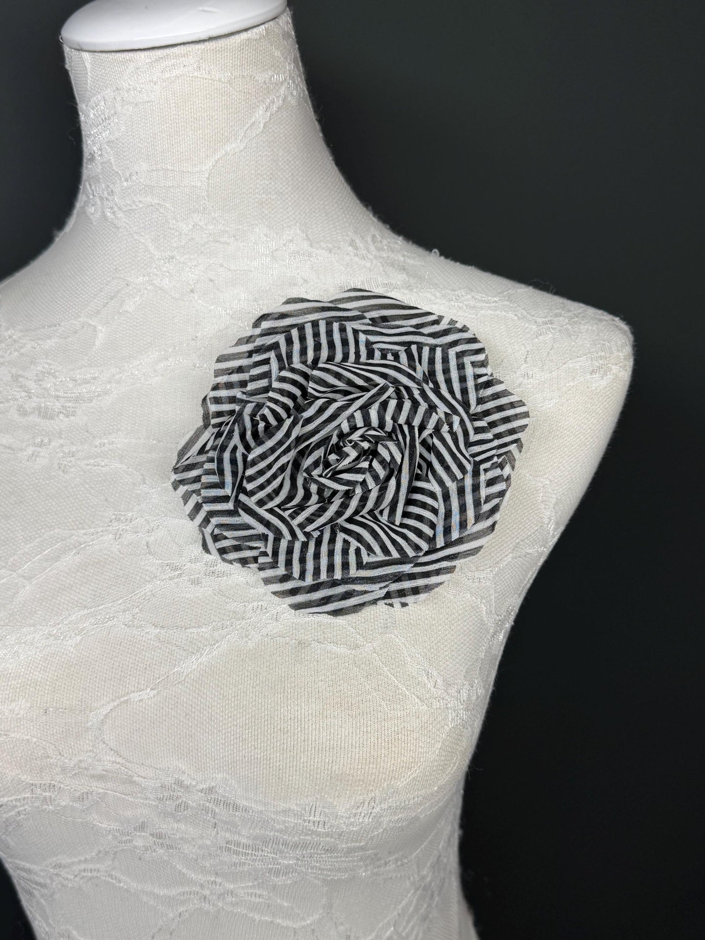 Large Corsage Flower, Black White, Stripe, 6” Wide, Large Pin on Corsage, Bridal, Clothing, Fashion, Hat, Accessory, Fashion, FAN Design