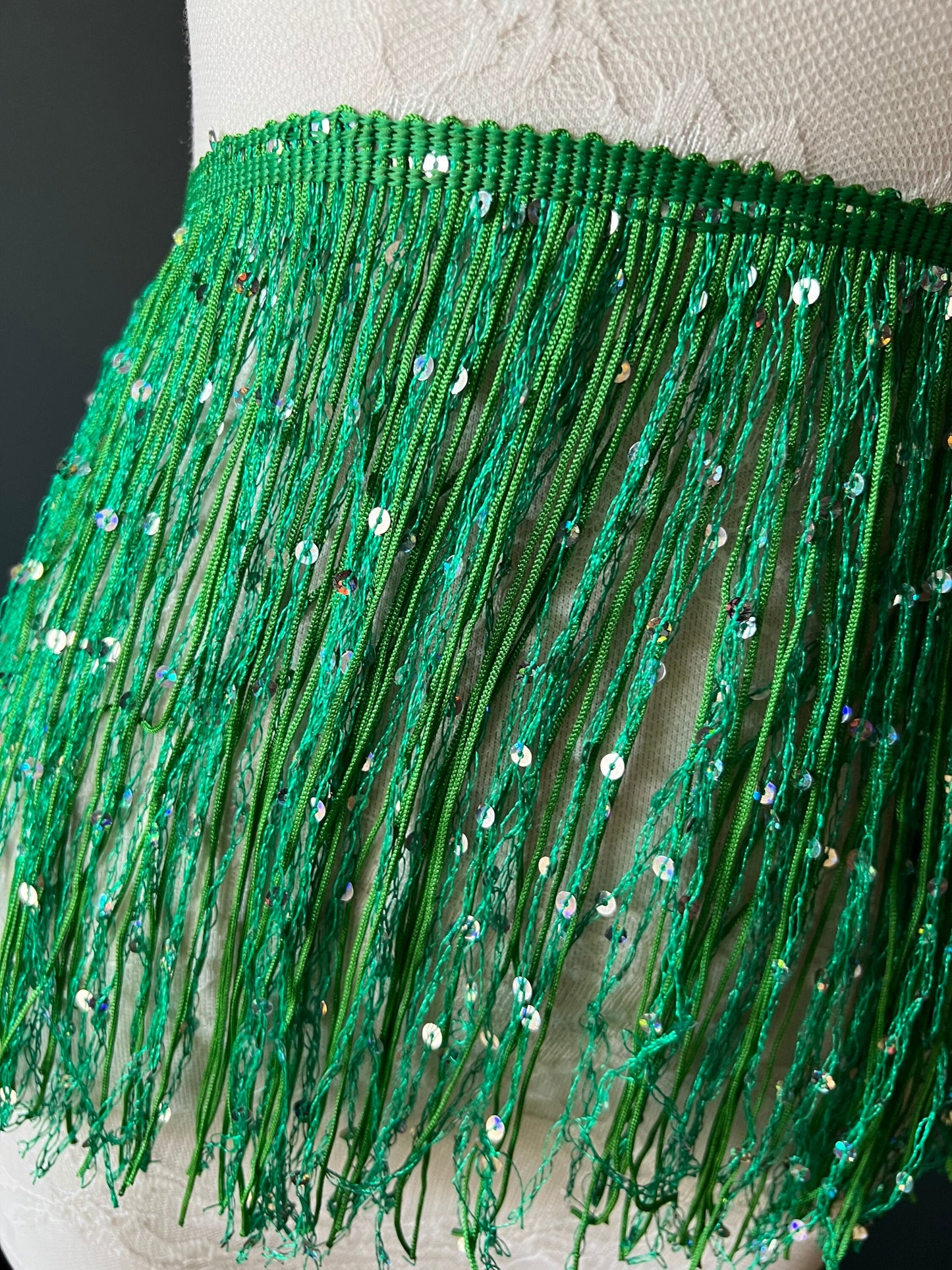 Green Sequin Fringe Trim, 8 Inch, 20cm, Costume Embellishment, 12 Colours