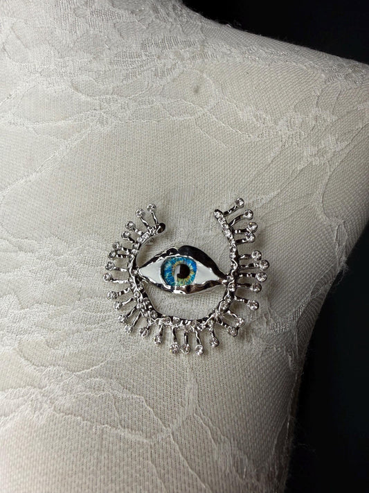 Eye Rhinestone Brooch, Gold, Silver, 6cm 2.5inch