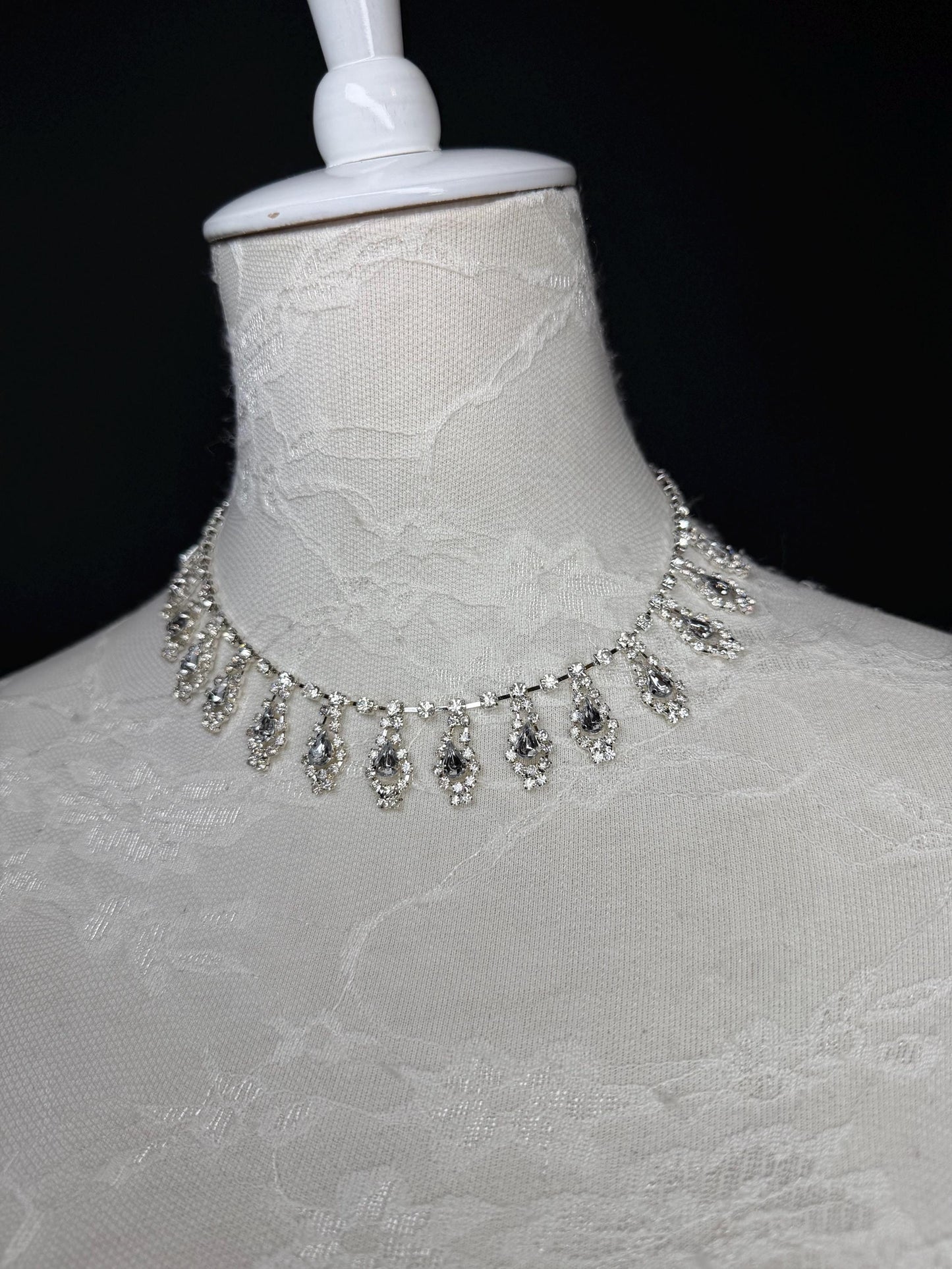 Rhinestone Necklace, Diamanté Necklace, Handmade, Silver, Bridal, Accessory, Fan Design, Fashion