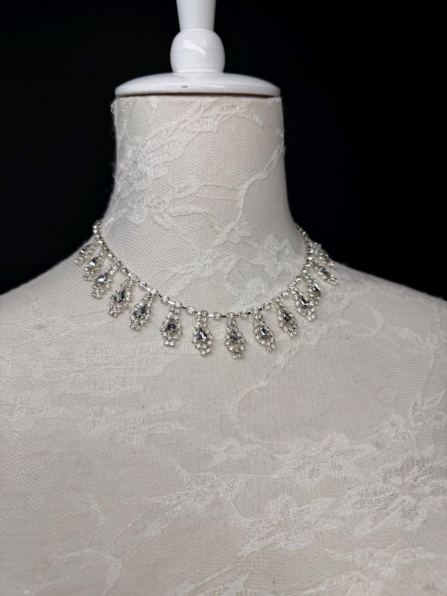 Rhinestone Necklace, Diamanté Necklace, Handmade, Silver, Bridal, Accessory, Fan Design, Fashion