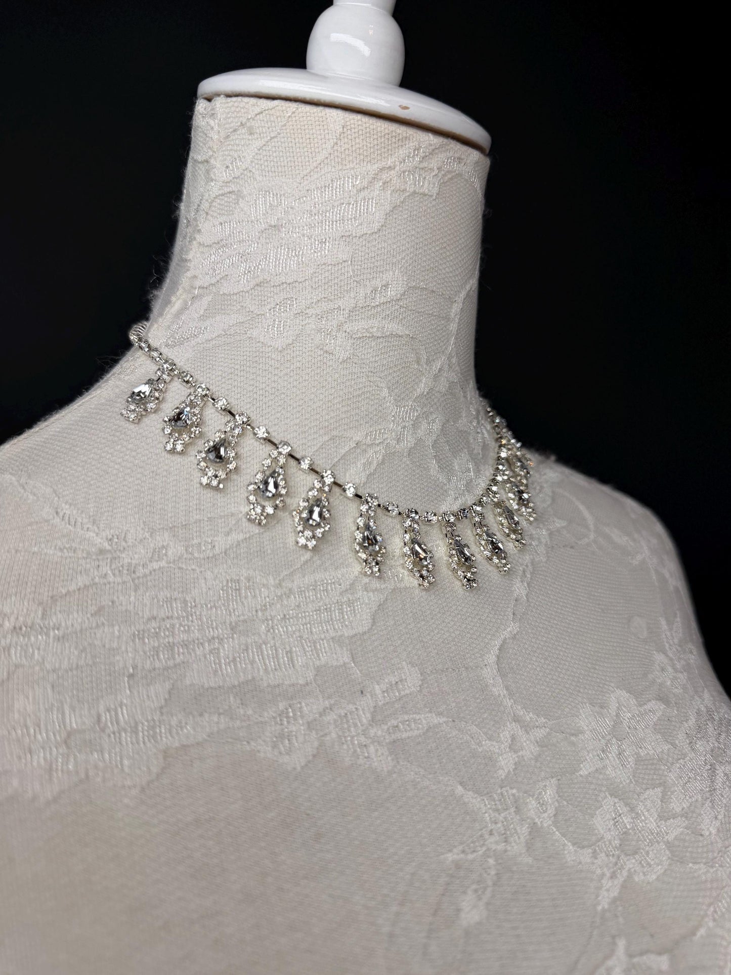 Rhinestone Necklace, Diamanté Necklace, Handmade, Silver, Bridal, Accessory, Fan Design, Fashion