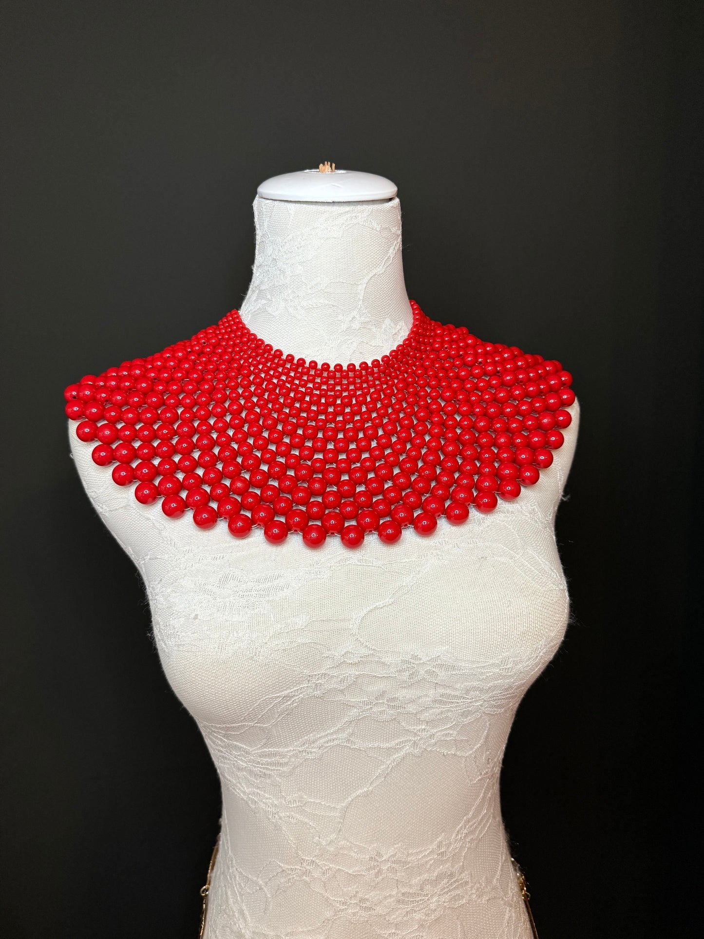Beaded Shoulder Necklace, Vintage Style Wedding Jewelry, Red FAN Design