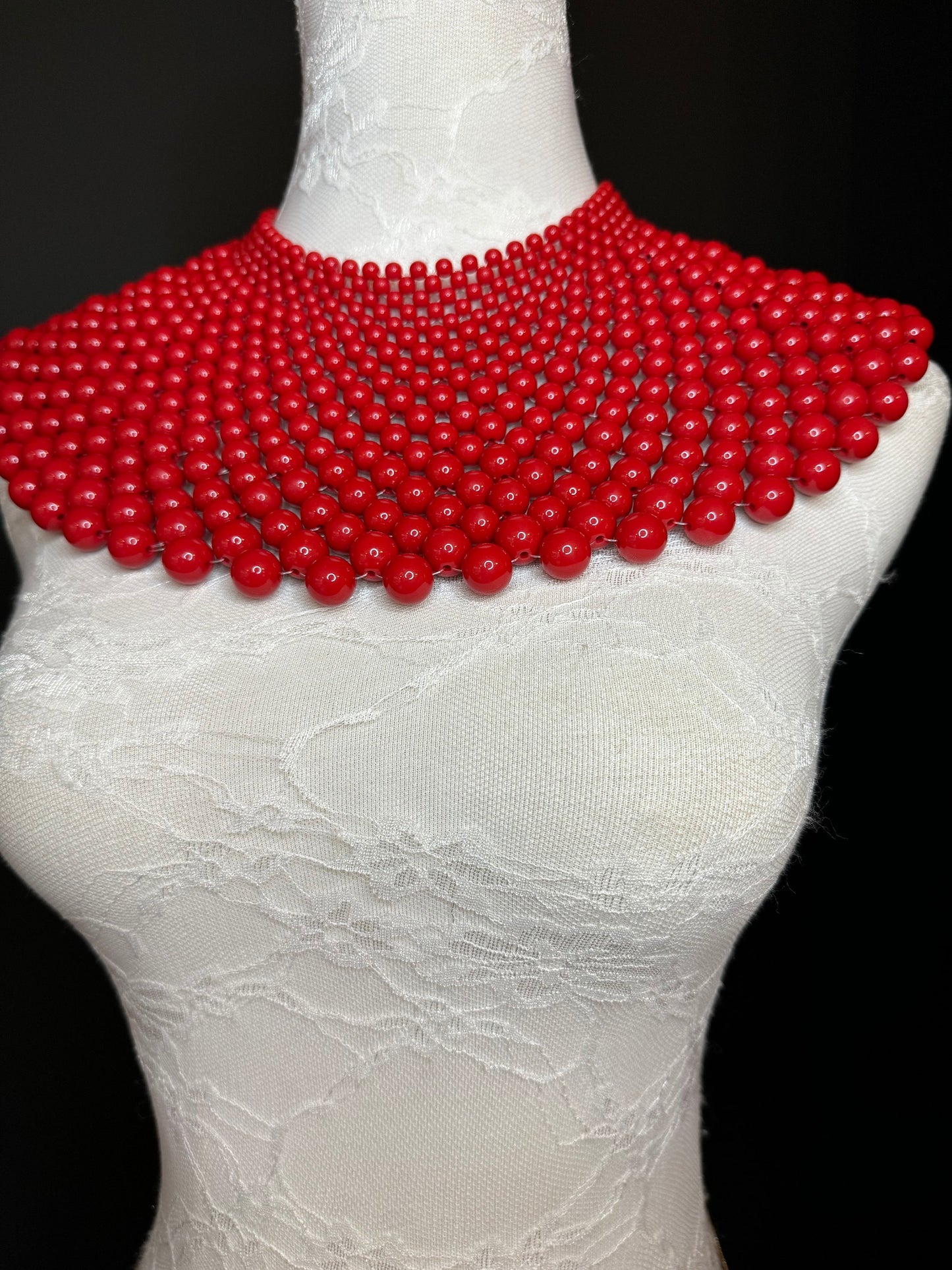 Beaded Shoulder Necklace, Vintage Style Wedding Jewelry, Red FAN Design