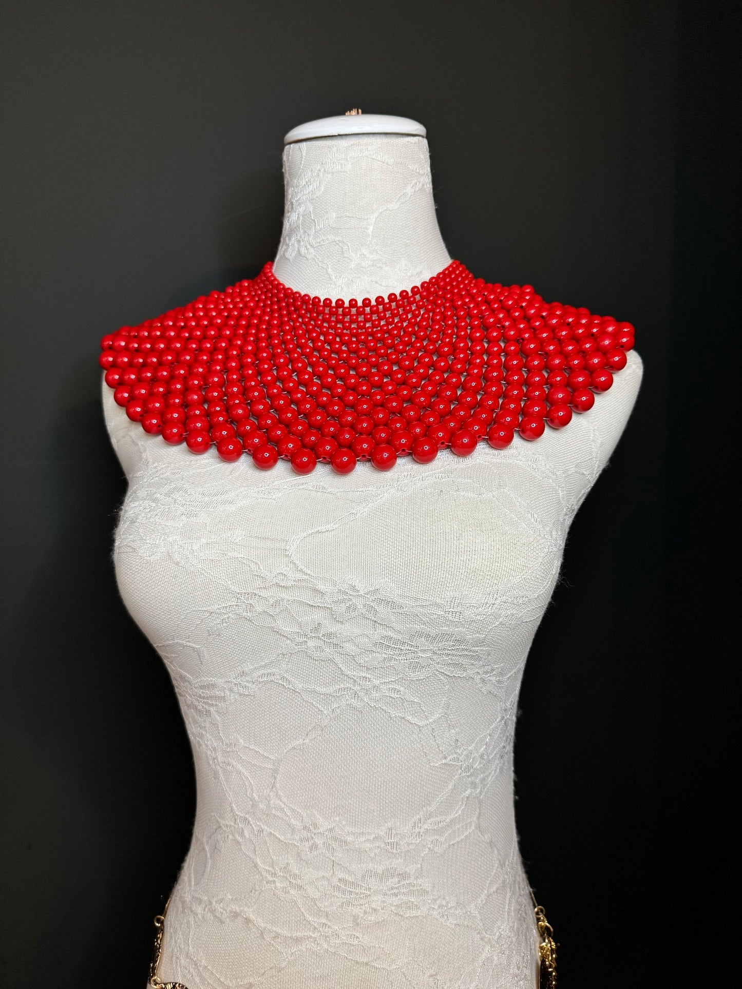 Beaded Shoulder Necklace, Vintage Style Wedding Jewelry, Red FAN Design