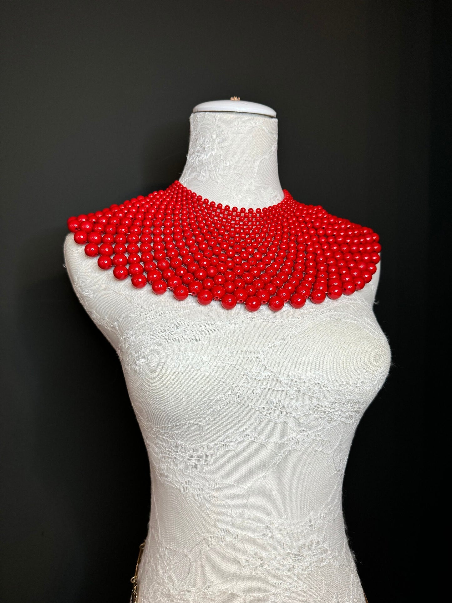 Beaded Shoulder Necklace, Vintage Style Wedding Jewelry, Red FAN Design