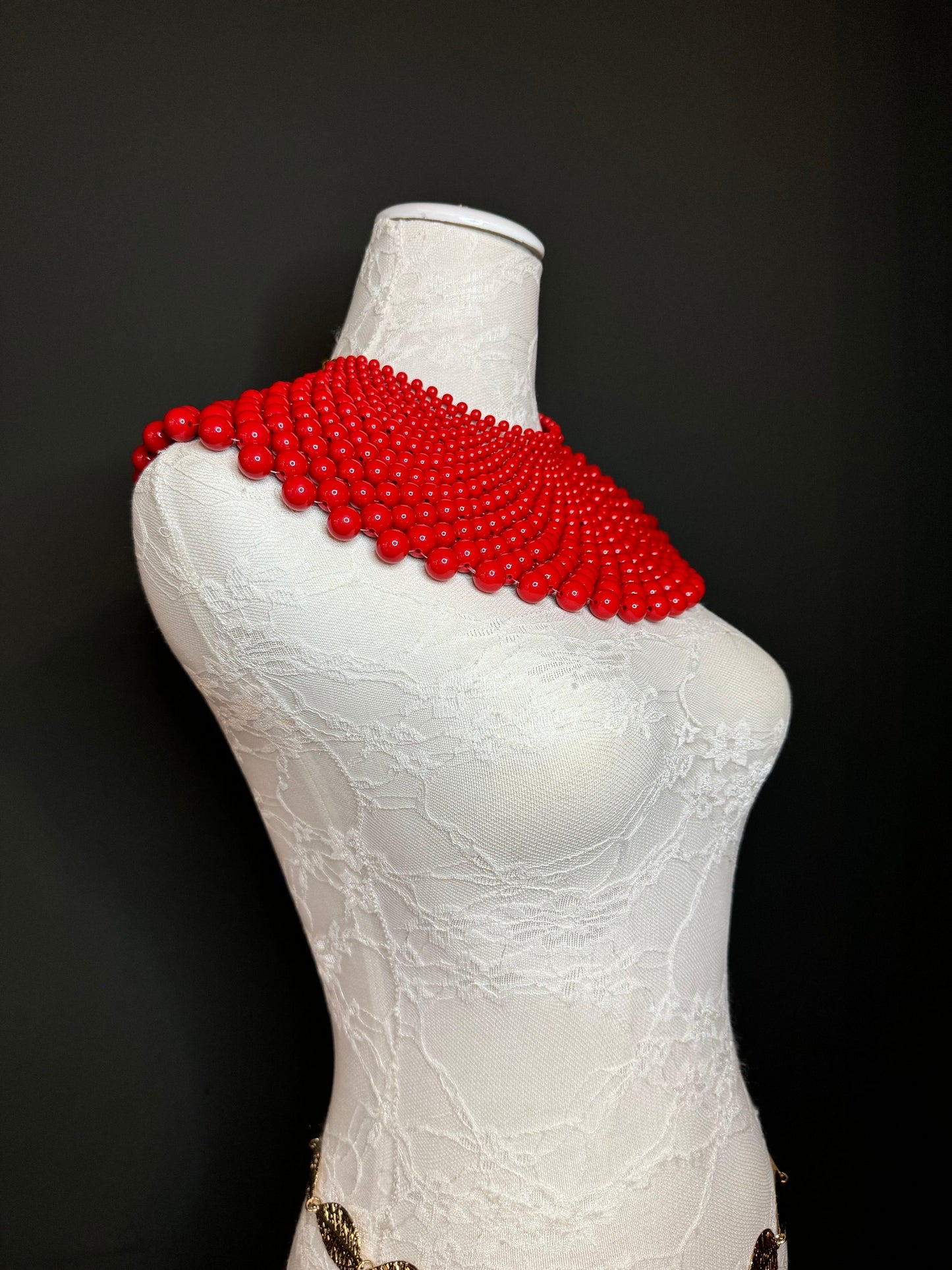 Beaded Shoulder Necklace, Vintage Style Wedding Jewelry, Red FAN Design