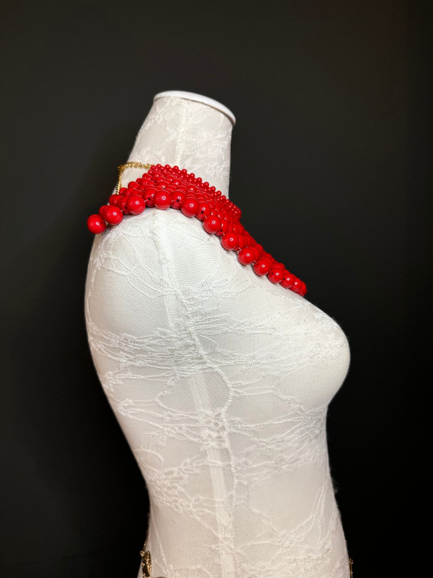 Beaded Shoulder Necklace, Vintage Style Wedding Jewelry, Red FAN Design