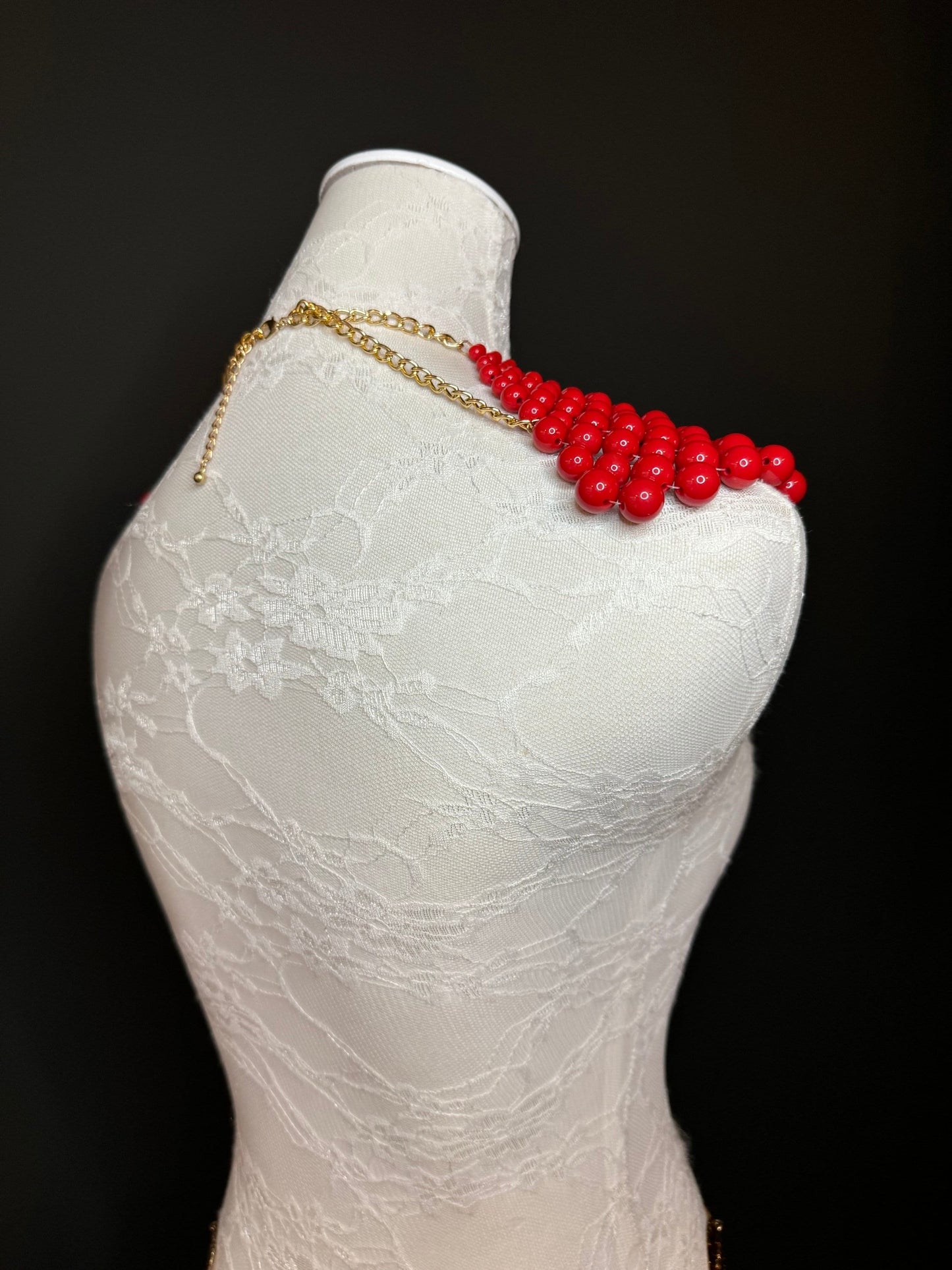 Beaded Shoulder Necklace, Vintage Style Wedding Jewelry, Red FAN Design