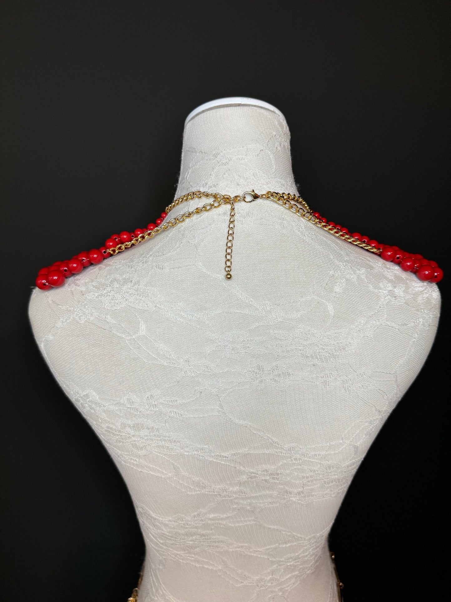 Beaded Shoulder Necklace, Vintage Style Wedding Jewelry, Red FAN Design