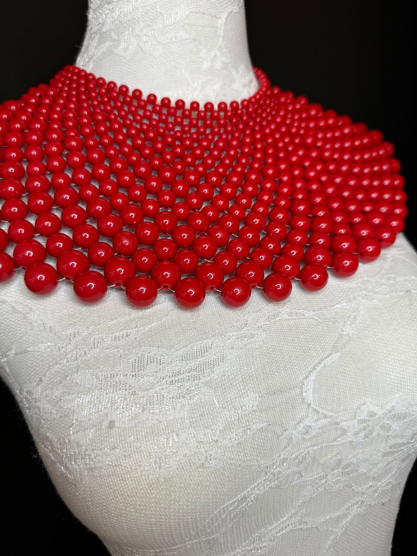 Beaded Shoulder Necklace, Vintage Style Wedding Jewelry, Red FAN Design