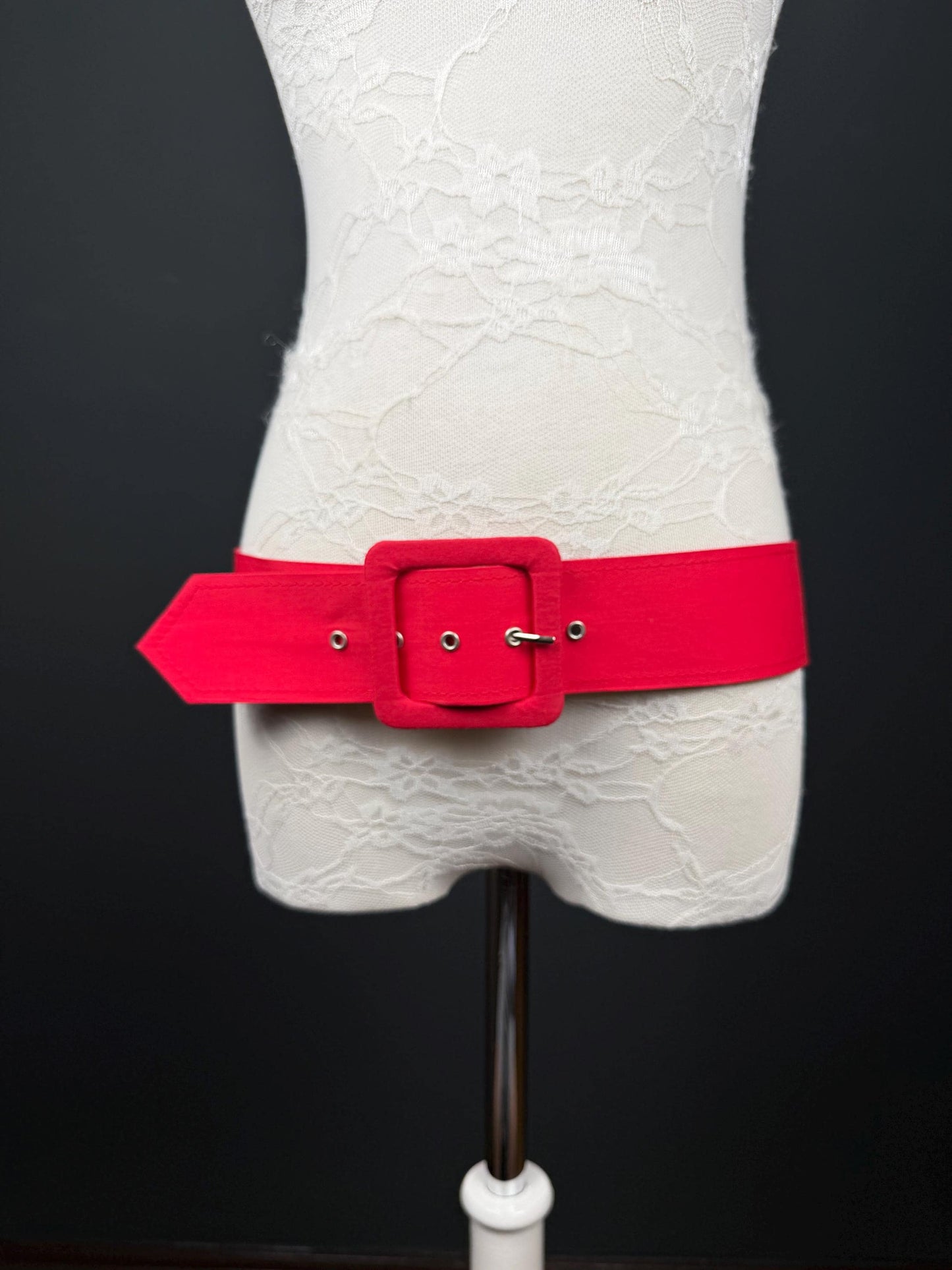 Belt, Red Fabric Covered Belt, 2” Wide, Square Buckle, Fashionable Belt, UK Size 8-12, 38” Long, Wide Belt