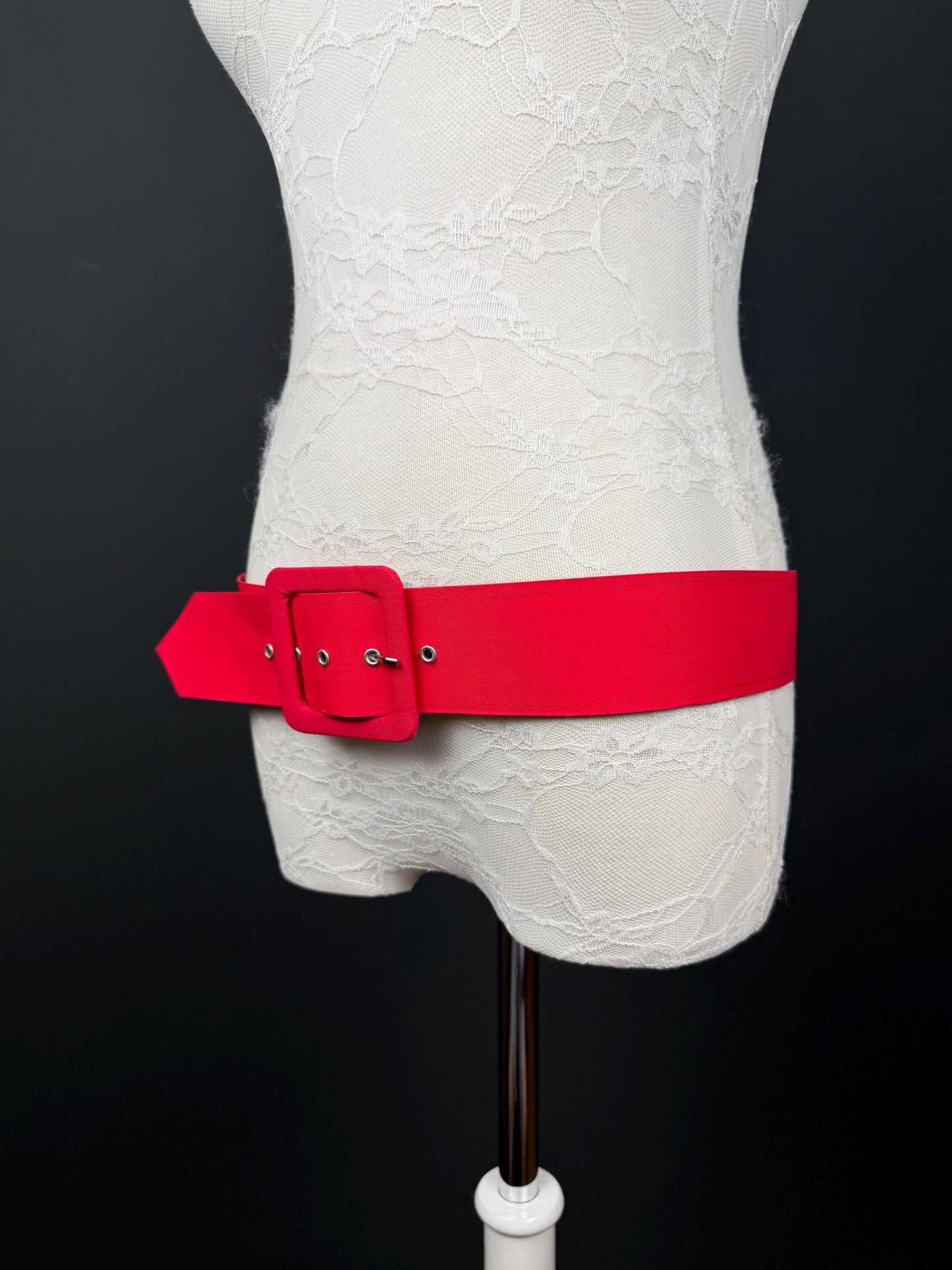 Belt, Red Fabric Covered Belt, 2” Wide, Square Buckle, Fashionable Belt, UK Size 8-12, 38” Long, Wide Belt