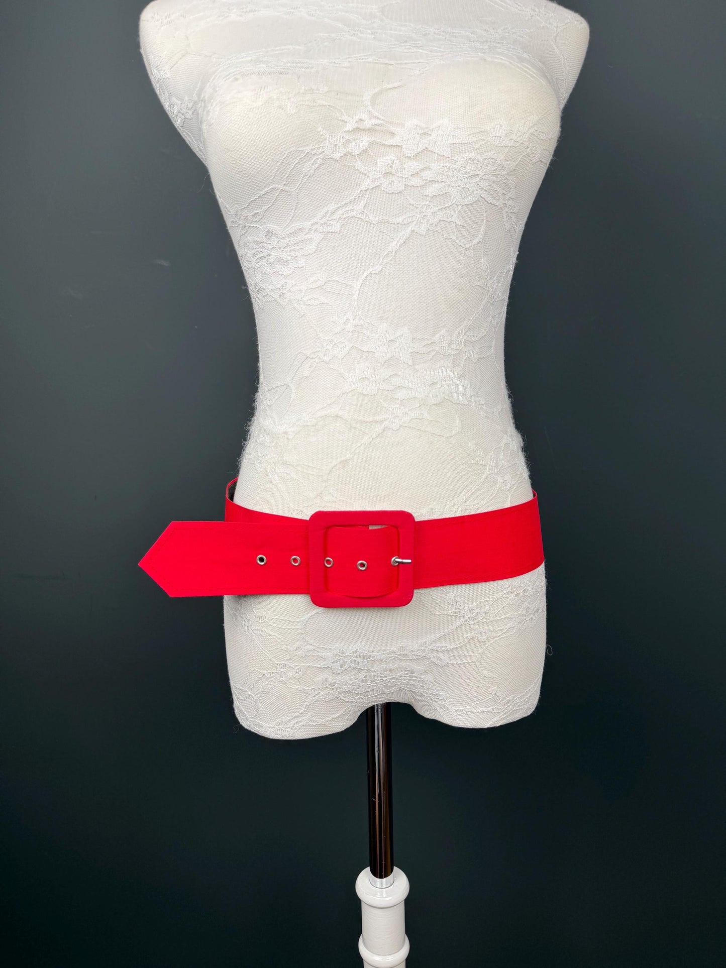 Belt, Red Fabric Covered Belt, 2” Wide, Square Buckle, Fashionable Belt, UK Size 8-12, 38” Long, Wide Belt