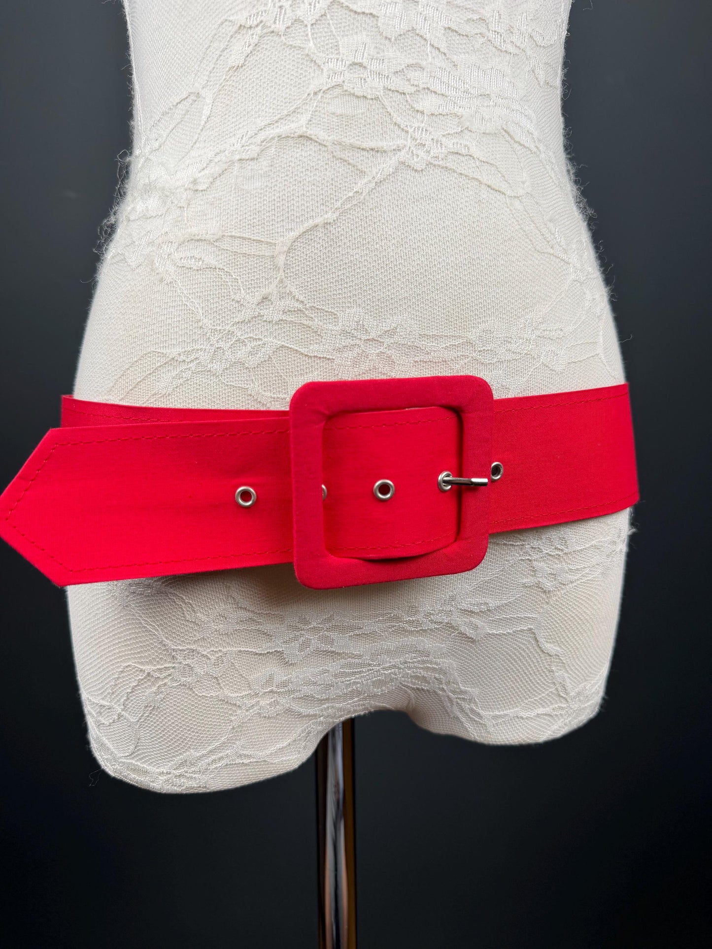 Belt, Red Fabric Covered Belt, 2” Wide, Square Buckle, Fashionable Belt, UK Size 8-12, 38” Long, Wide Belt