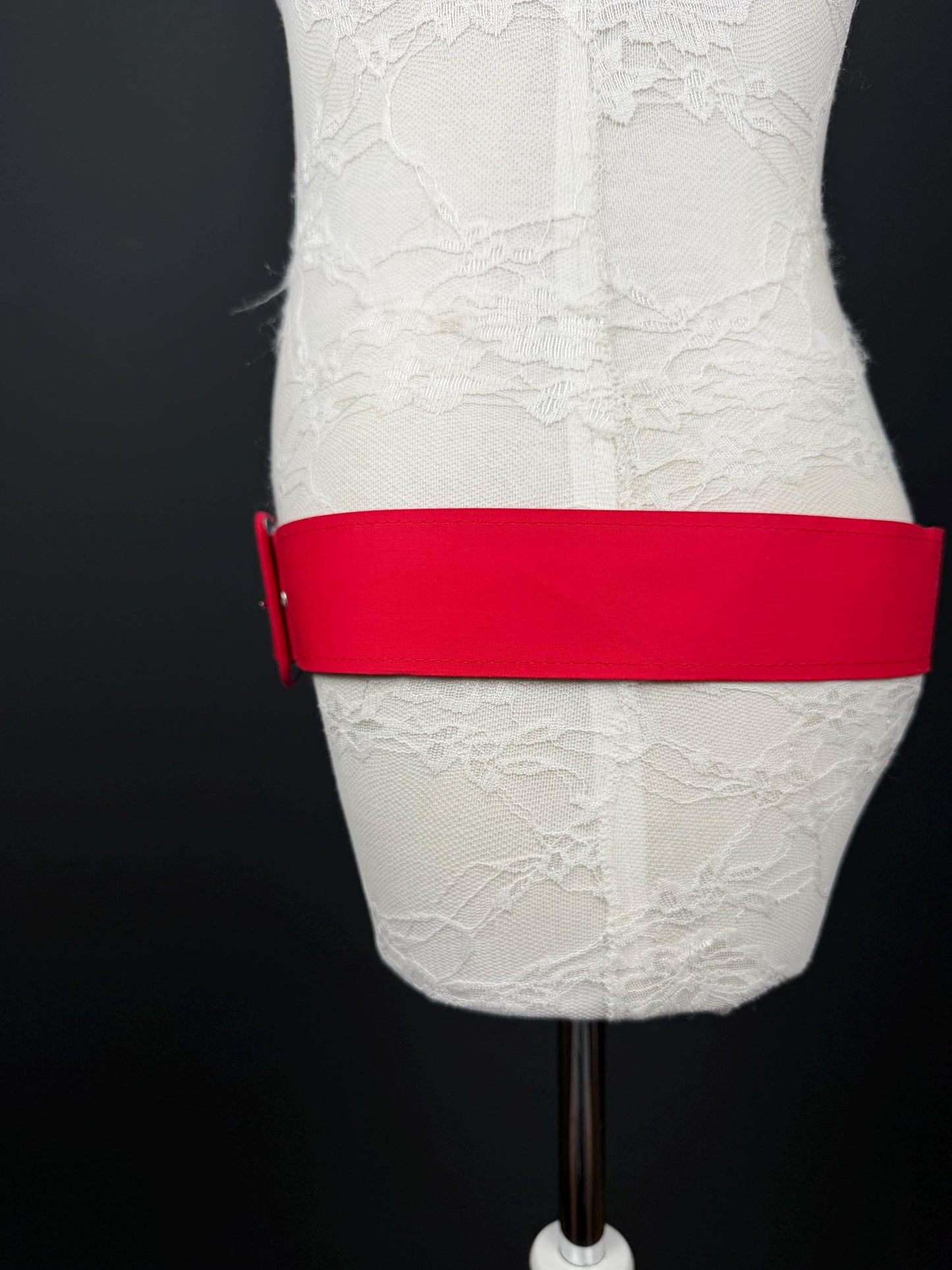 Belt, Red Fabric Covered Belt, 2” Wide, Square Buckle, Fashionable Belt, UK Size 8-12, 38” Long, Wide Belt