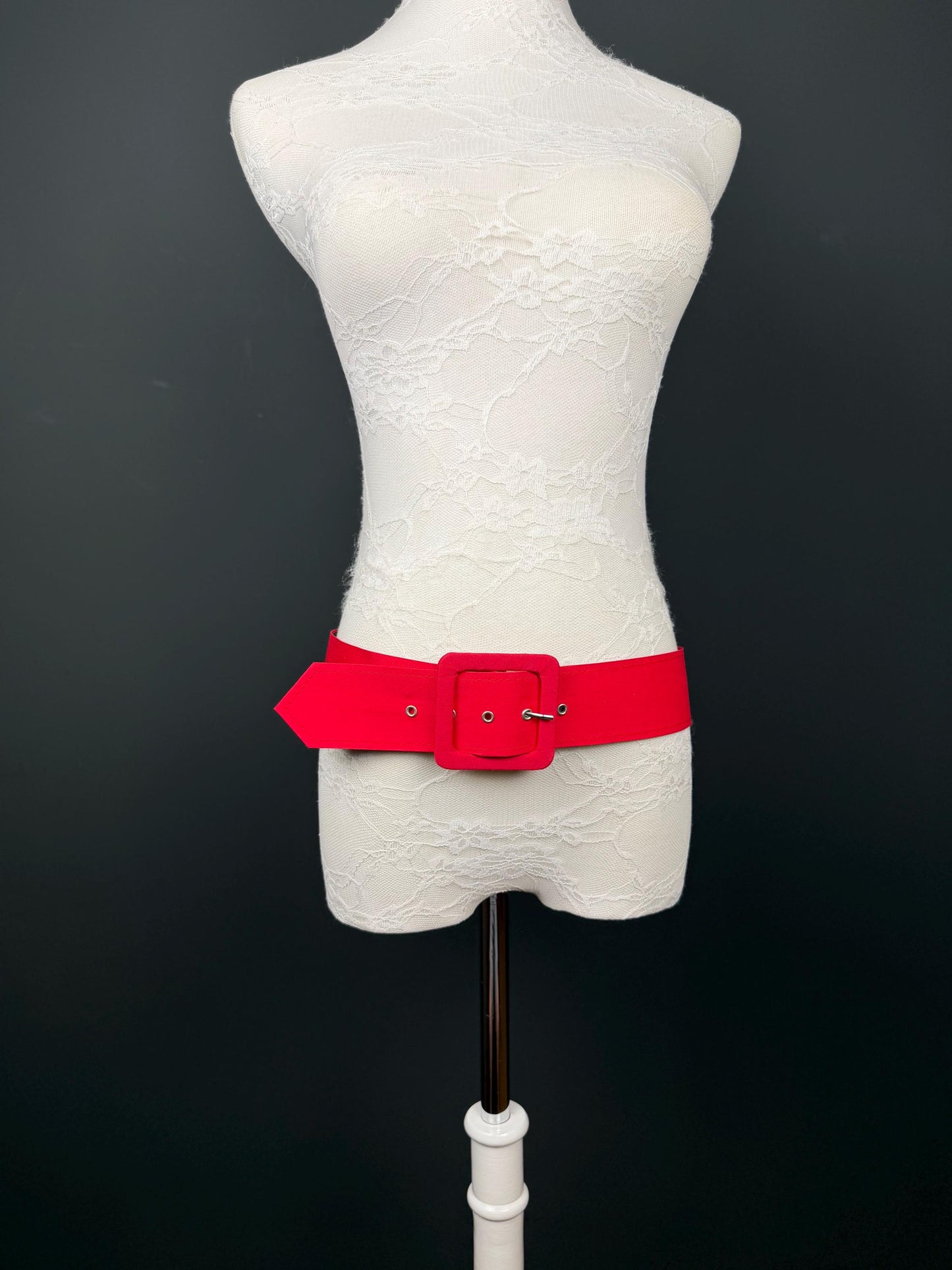Belt, Red Fabric Covered Belt, 2” Wide, Square Buckle, Fashionable Belt, UK Size 8-12, 38” Long, Wide Belt