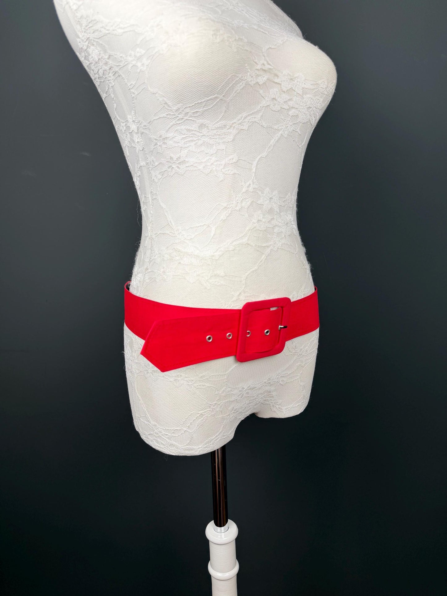 Belt, Red Fabric Covered Belt, 2” Wide, Square Buckle, Fashionable Belt, UK Size 8-12, 38” Long, Wide Belt