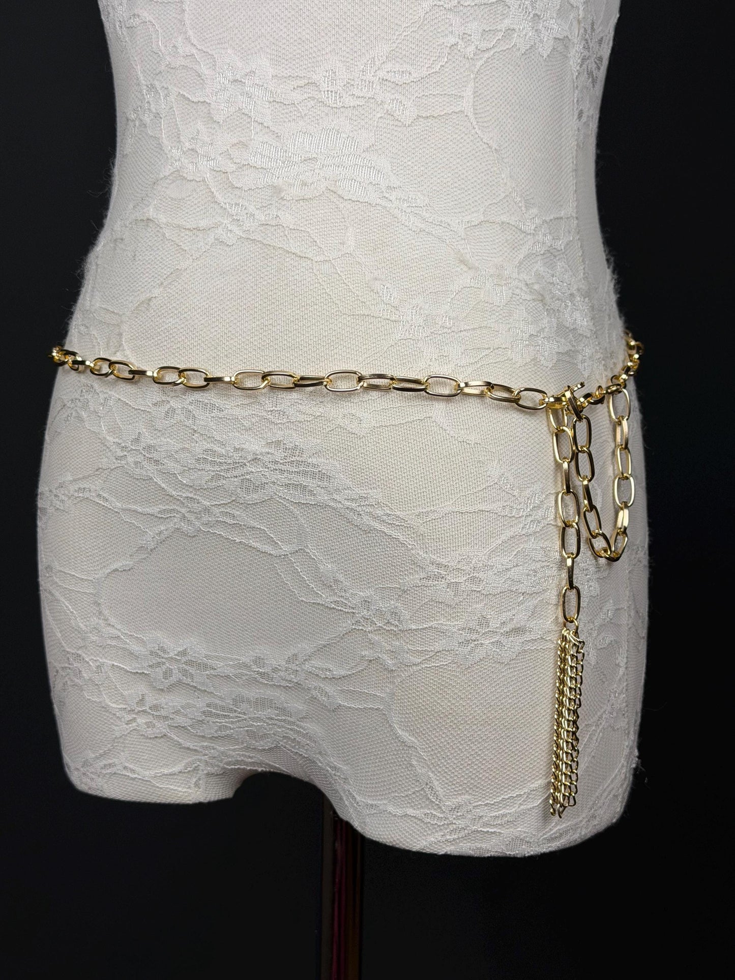 X-Long Gold Metal Tassel Chain Belt, Lightweight, Swimwear, Dresses, FAN Design, Dress Belt, Gift, Custom Sizes, Fashion