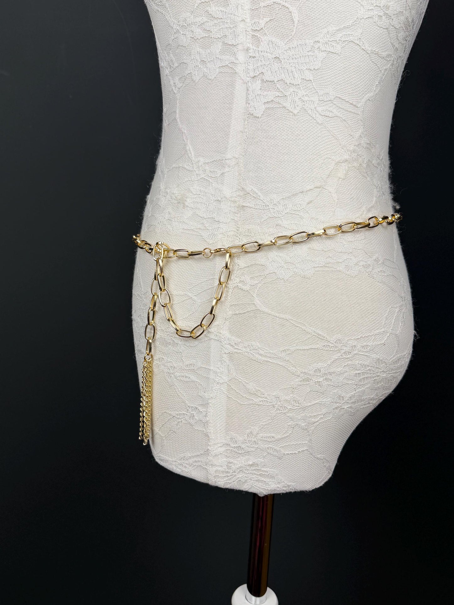 X-Long Gold Metal Tassel Chain Belt, Lightweight, Swimwear, Dresses, FAN Design, Dress Belt, Gift, Custom Sizes, Fashion