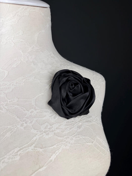 Satin Corsage Flower, Black, 4” Wide, 3D Corsage, Pin on Corsage, Clothing, Fashion, Hat, Accessory, Fashion, FAN Design