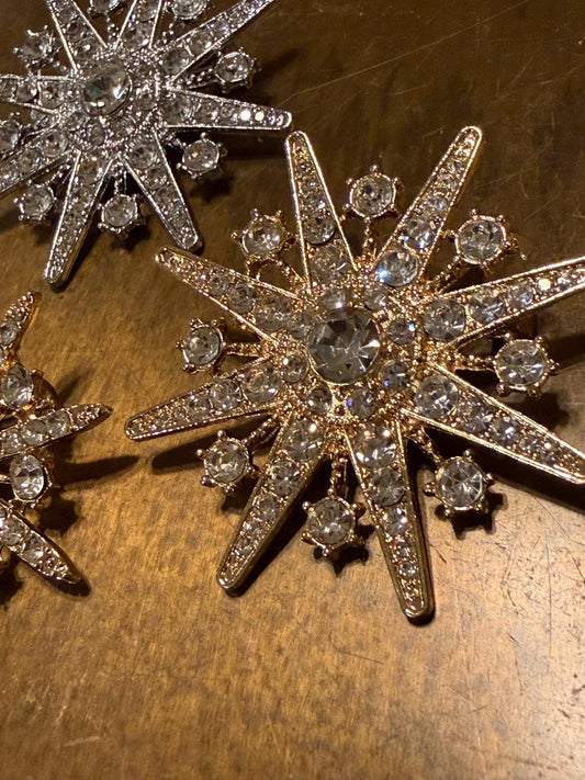 Rhinestone Brooch, 1.5”, 1 3/4” Size, Star Brooch, Diamanté Brooch, Silver, Gold, Jewel Brooch, Gift, Quality Brooch, Snowflake Brooch