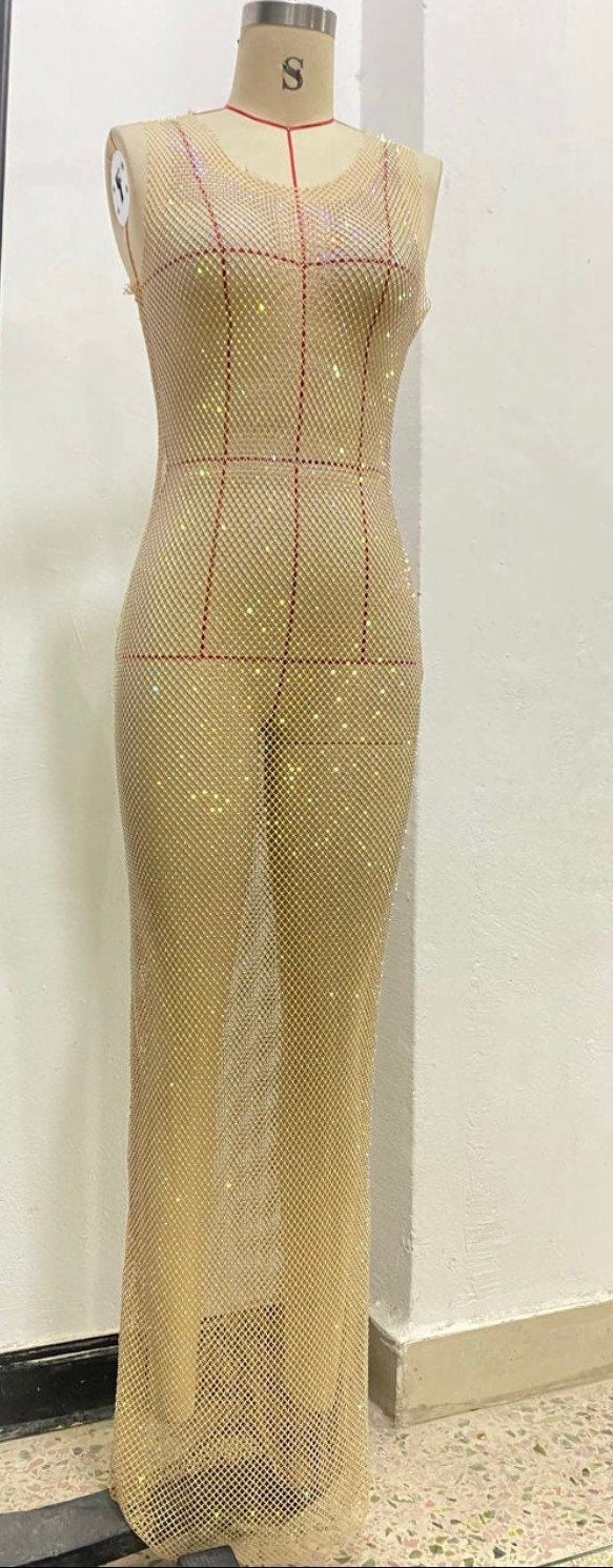 Black Fishnet Diamanté Dress, UK Sizes 6-12