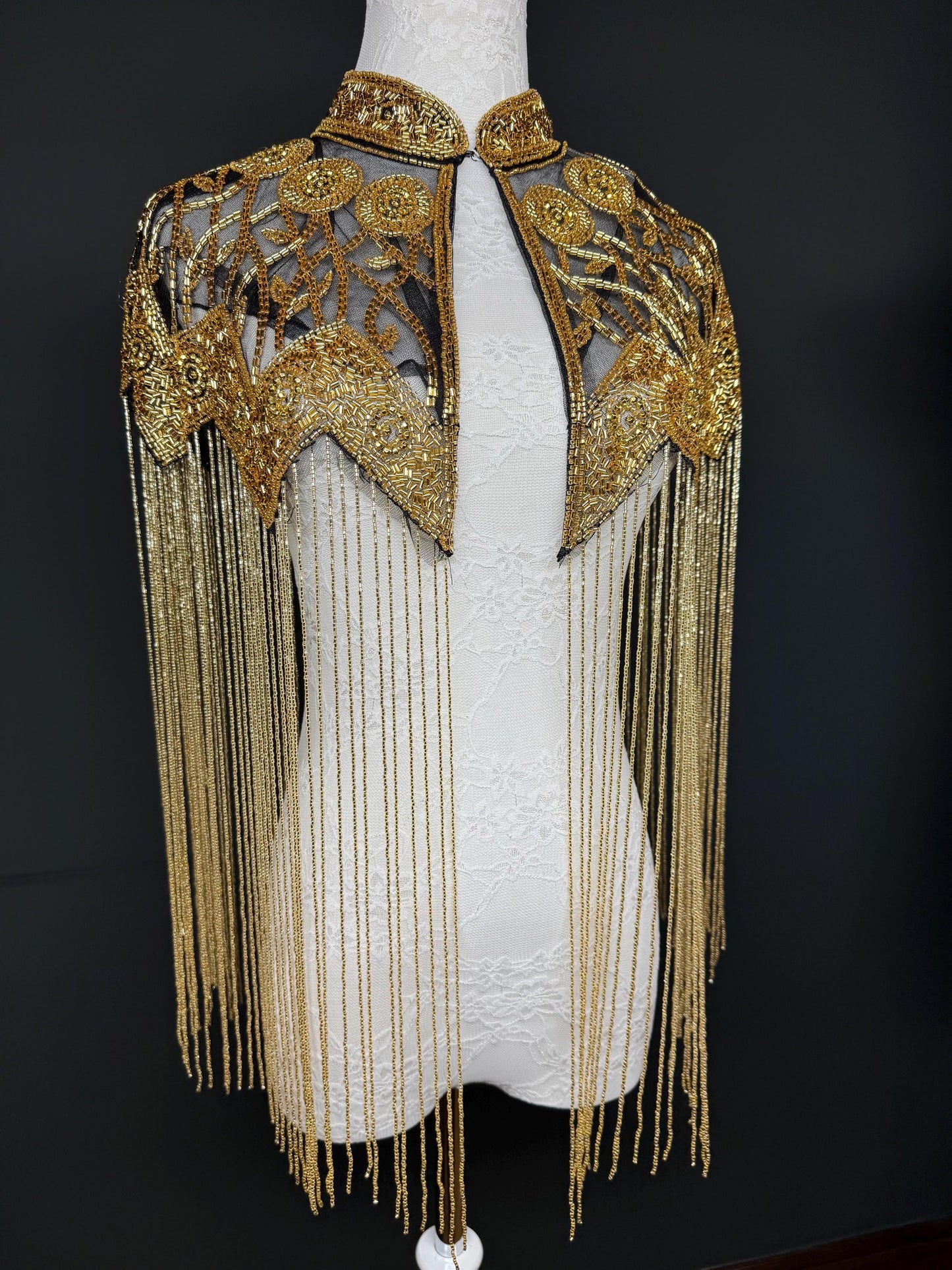 Beaded Fringe Cape Shawl – Handmade Gold or Silver Embellished Evening Wrap