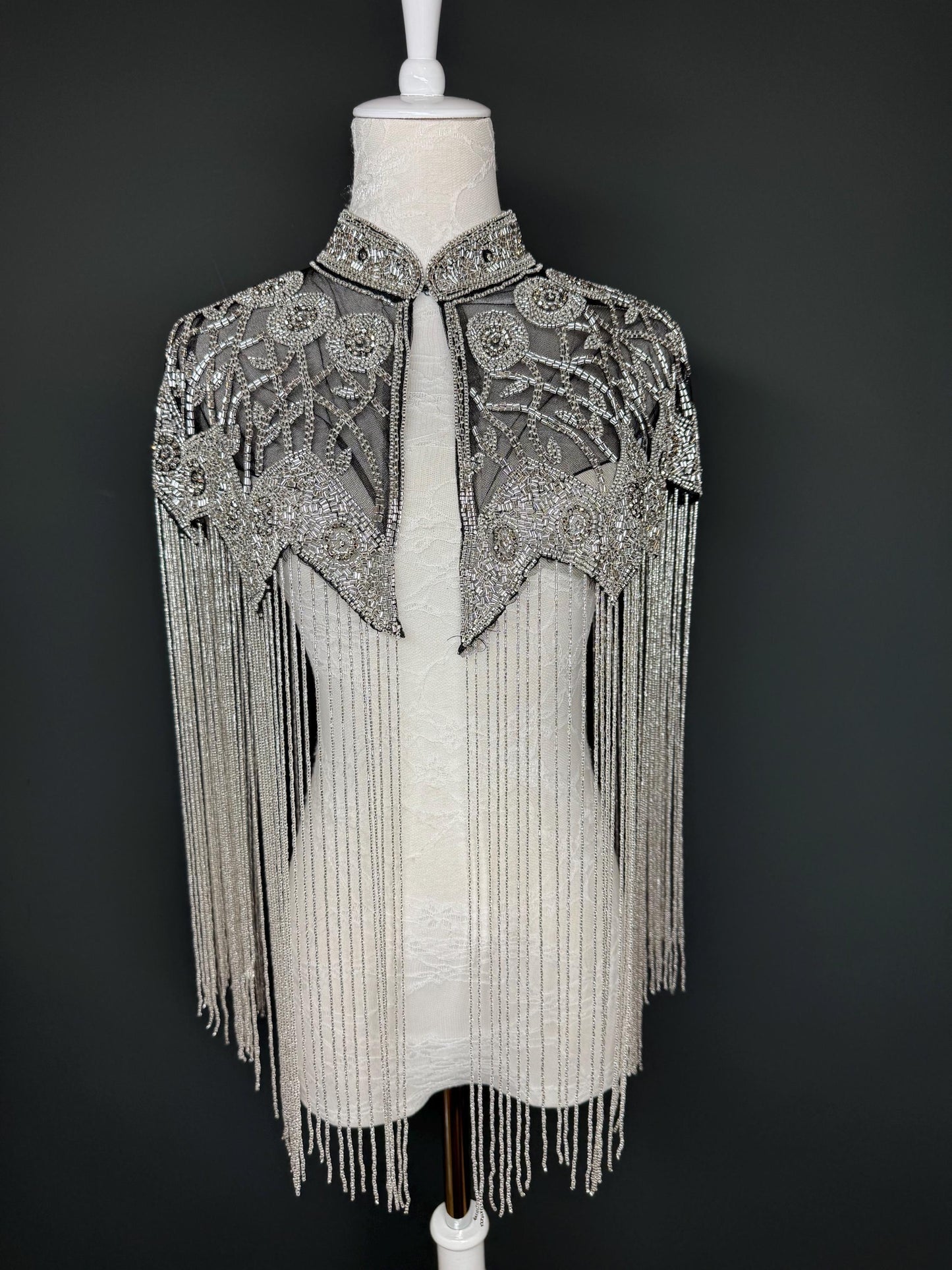 Beaded Fringe Cape Shawl – Handmade Gold or Silver Embellished Evening Wrap