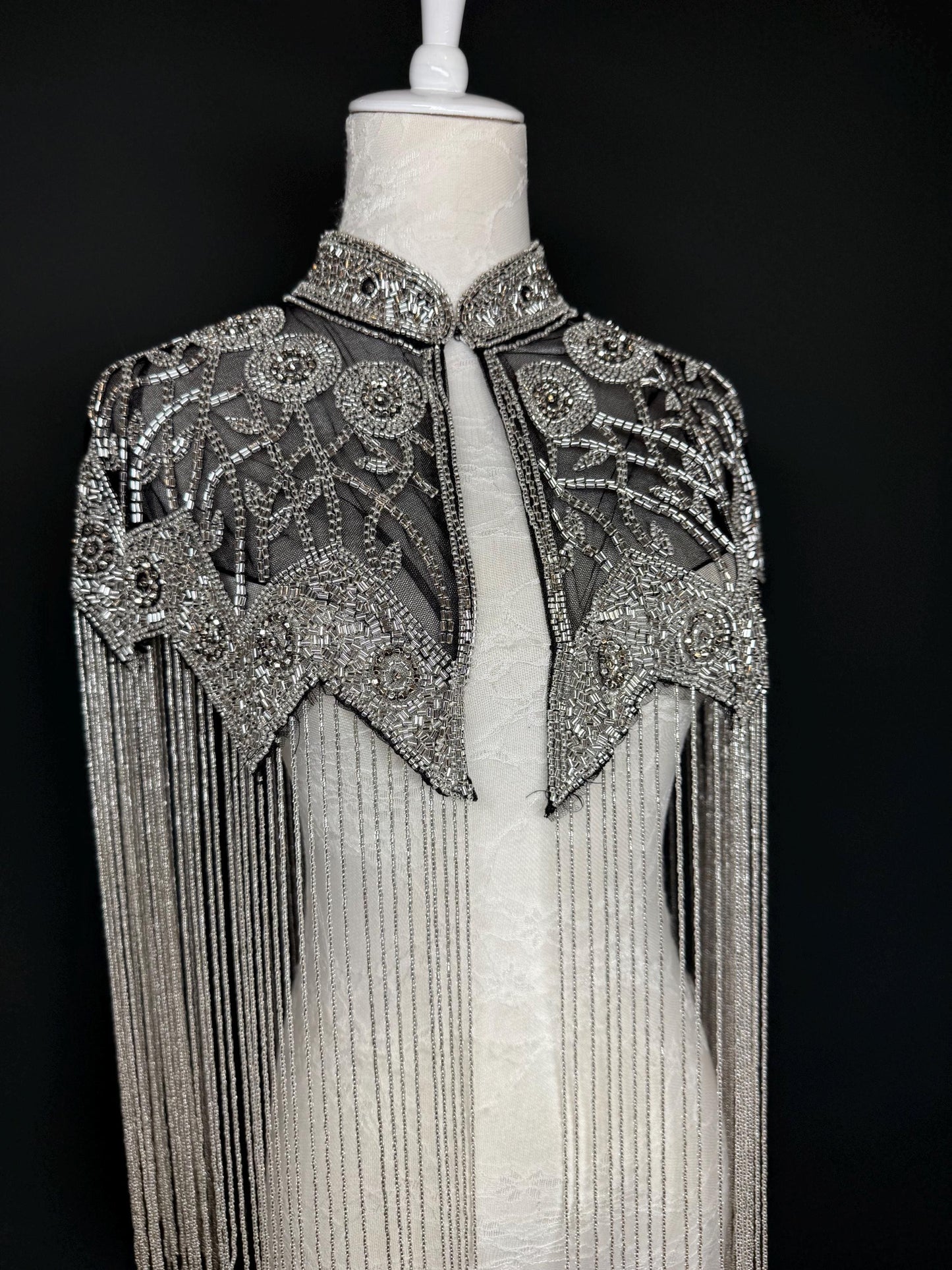 Beaded Fringe Cape Shawl – Handmade Gold or Silver Embellished Evening Wrap