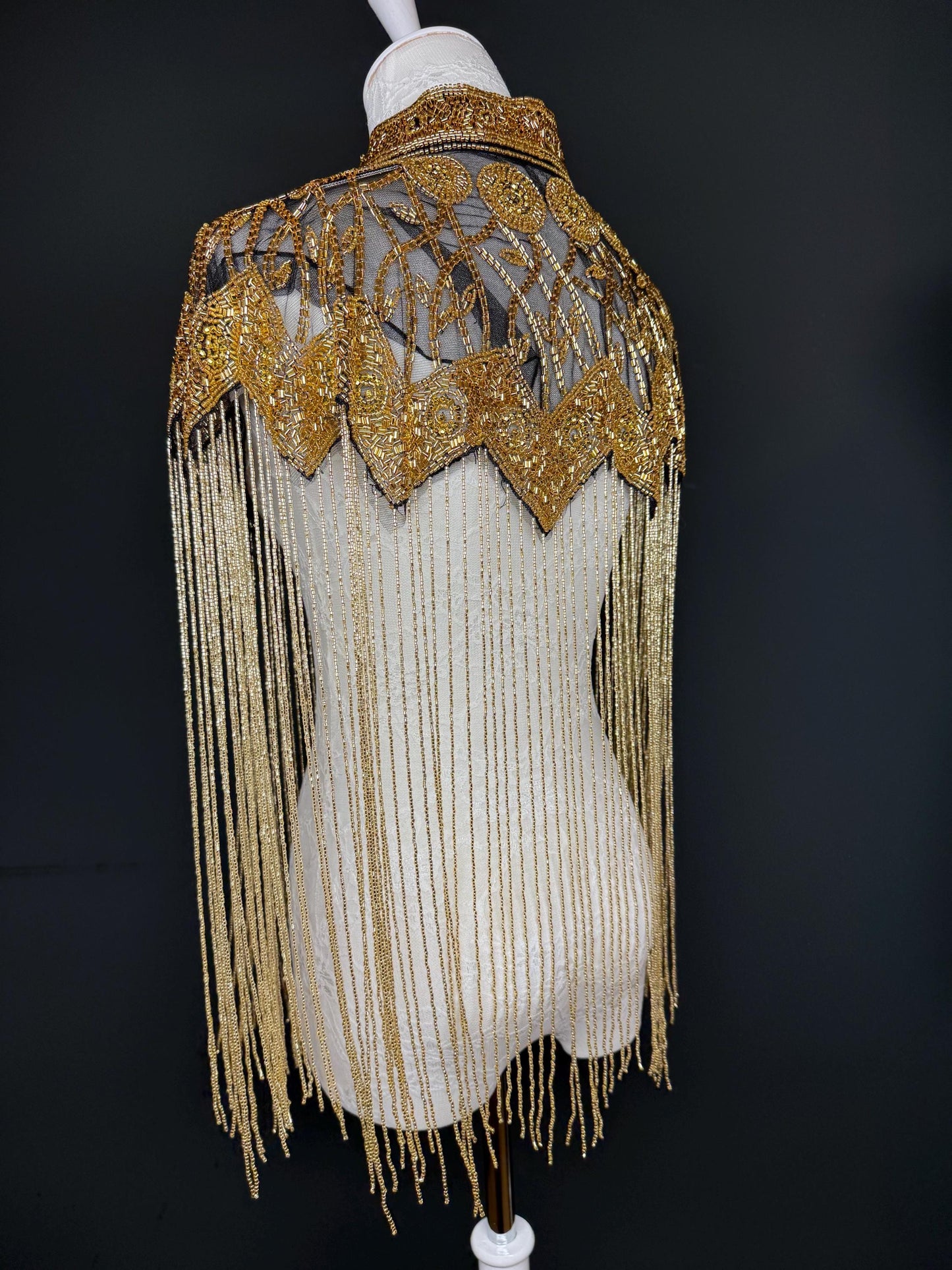 Beaded Fringe Cape Shawl – Handmade Gold or Silver Embellished Evening Wrap